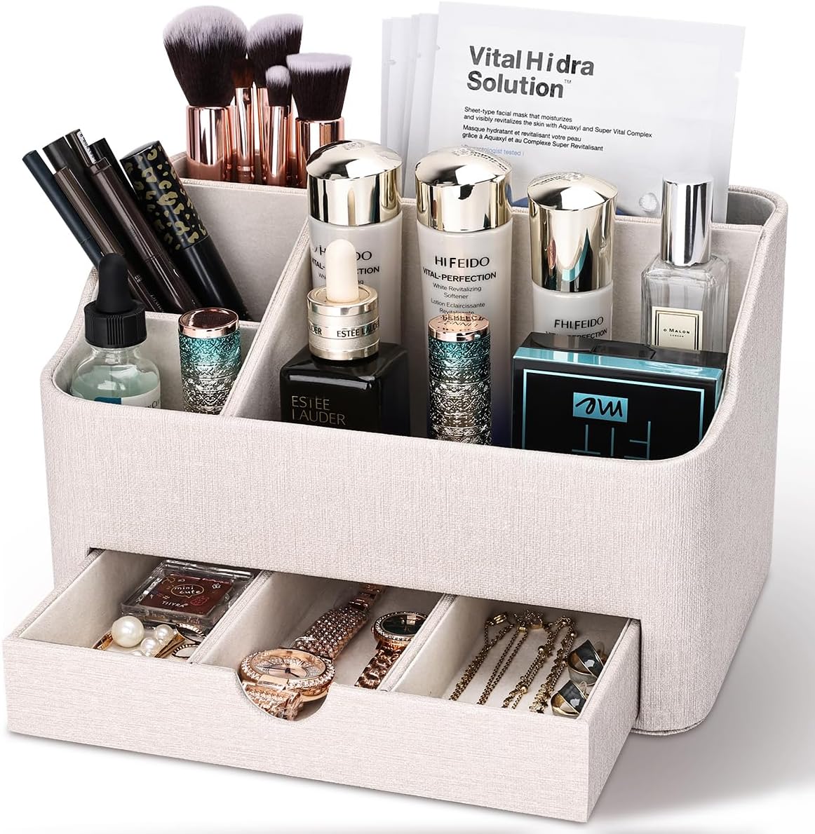 Leather Makeup Organizer - Stylish Cosmetic Storage with Drawer | Dresser & Vanity Organizer for Lipstick, Brushes & Skincare (Black)