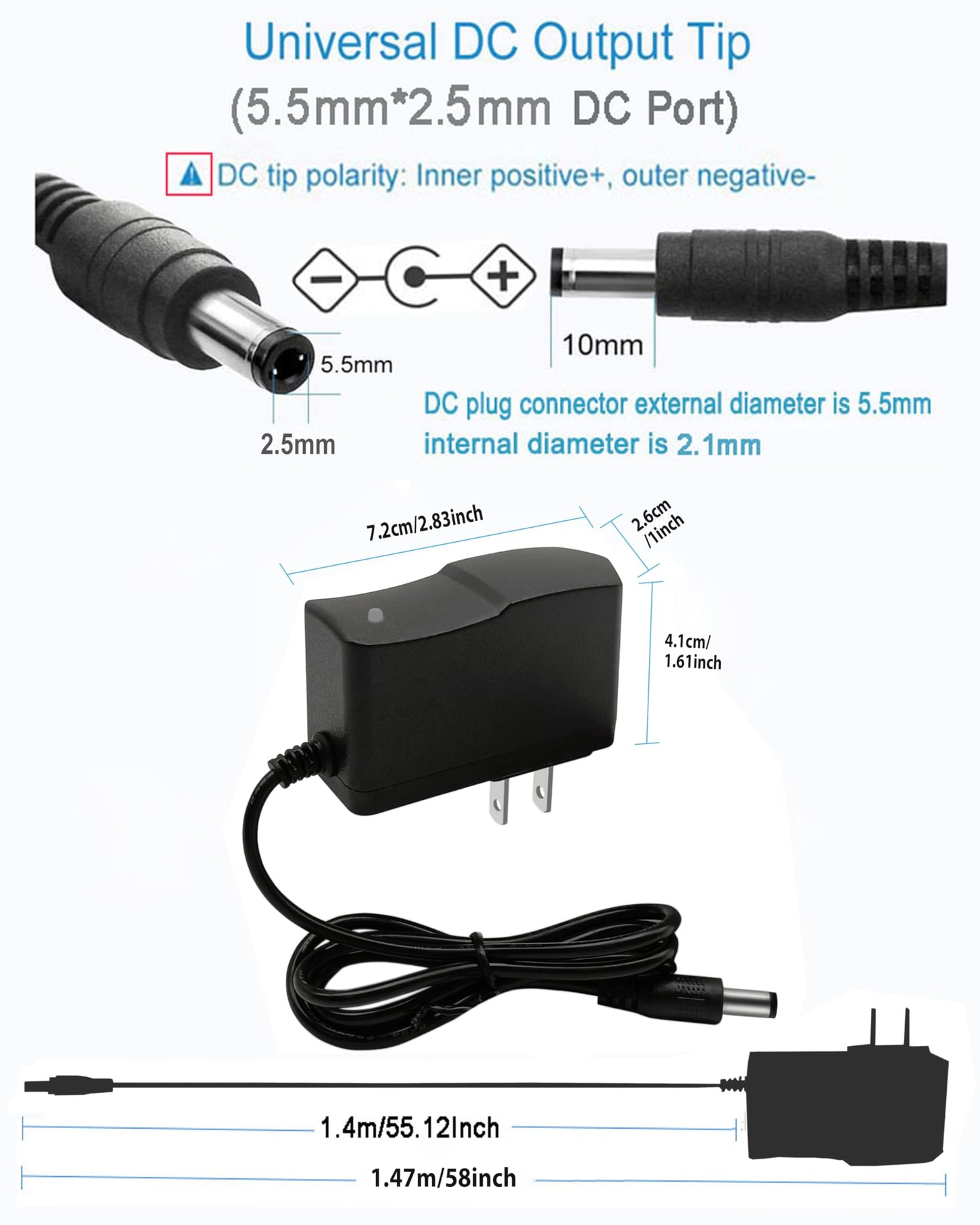 9V DC Power Supply 1A AC Adapter, 100-240V 50/60Hz 9 Volts 1Amp 600mA Transformer, DC 9V Power Cord Adapter,5.5mm*2.5mm[Output Tip: Center Positive (+)] and 8 Tips