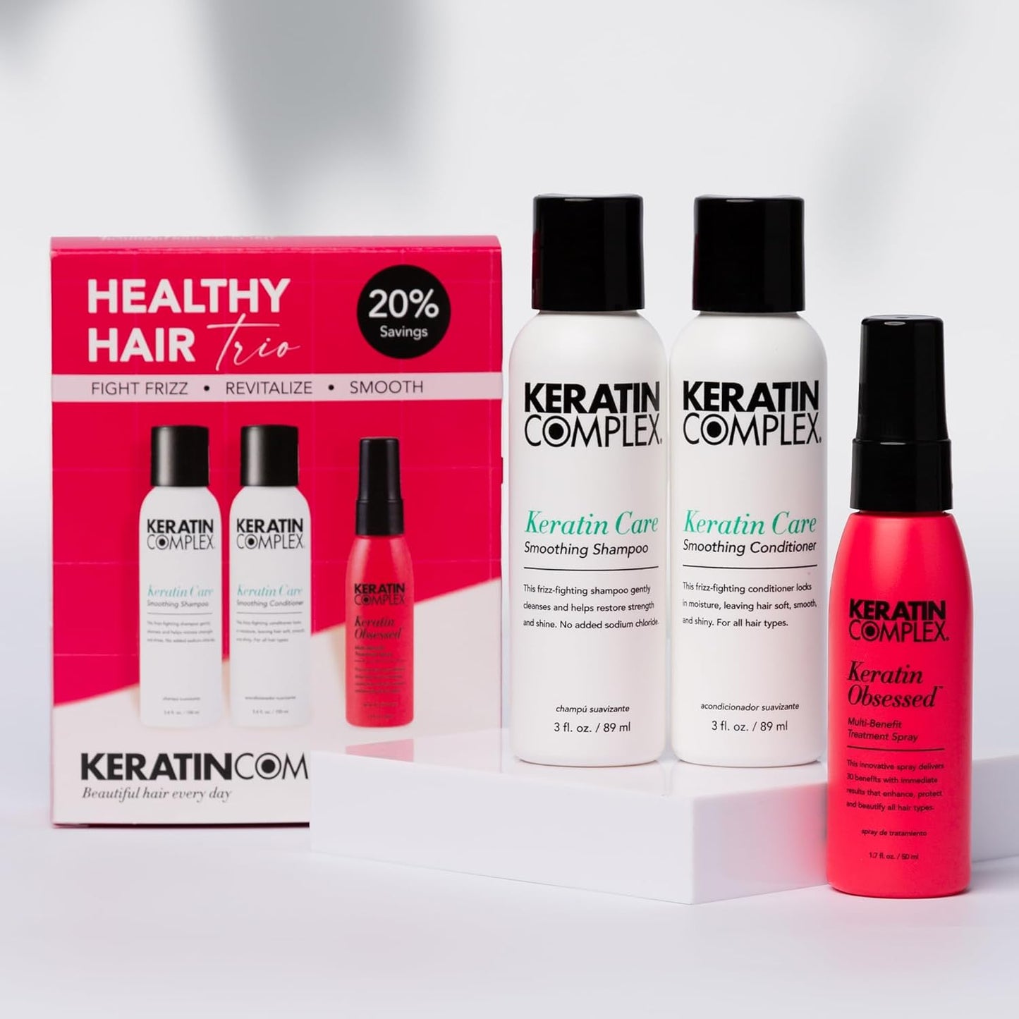 Keratin Complex Healthy Hair Trio | Keratin Care Shampoo & Conditioner Set 3.4 fl oz + Multi-Benefit Treatment Spray 1.7 fl oz