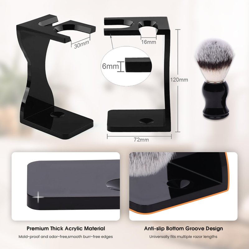 Keropy 2-in-1 Shaving Brush and Razor Stand, Black Acrylic Razor Holder with Brush, One-Piece Shave Brush Stand, Safety Razor Stand for Men, Universal Bathroom Storage Organizer, Grooming Gift for Men
