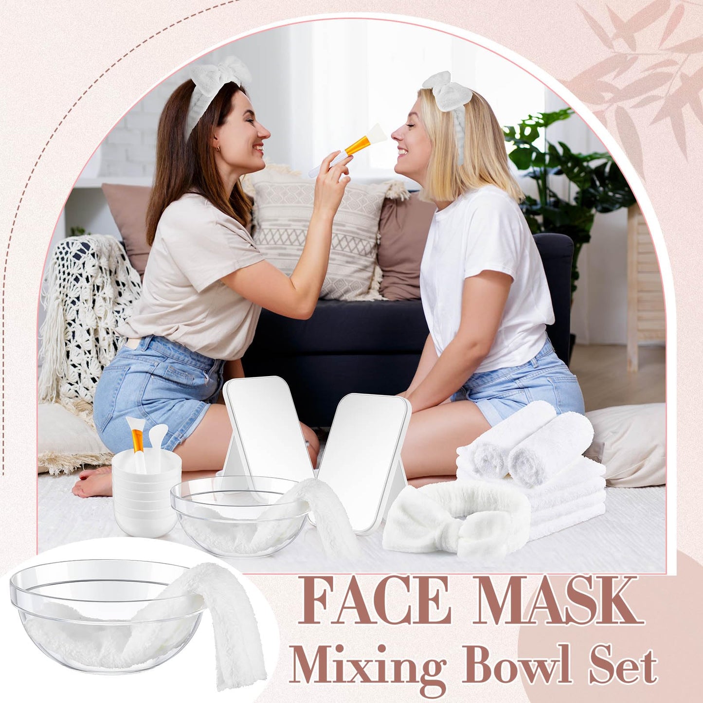 Teenyyou 6 Set White Spa Party Supplies for Girls Women Include Facial Mask Bowl with Stick Spatula Silicone Brush Mirror Headband Towel for DIY Spa Sleepover Slumber Wedding Birthday Party Favor