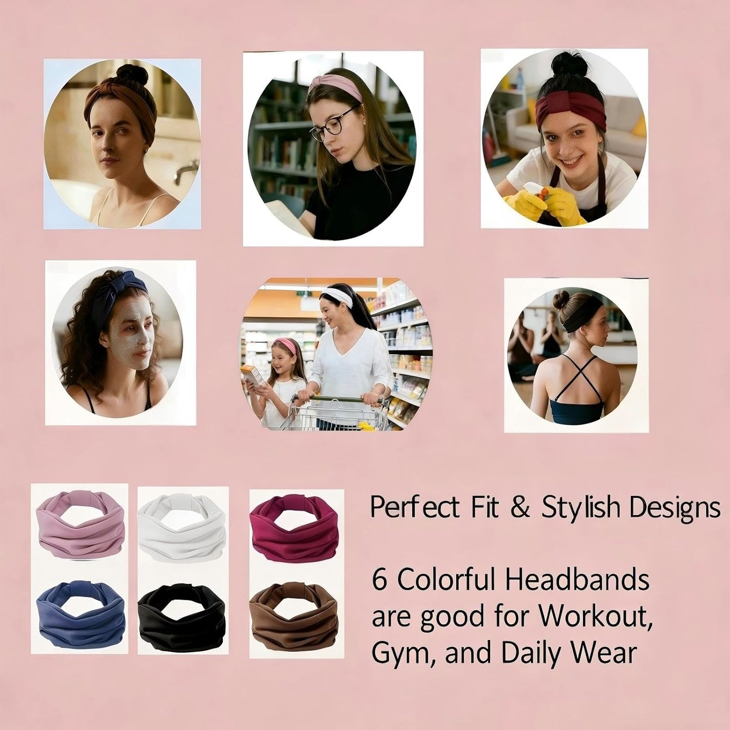 Wide Elastic Headbands for Women - 6 Pack Non-Slip Thick Sports Bands | Soft Knotted for Workout, Makeup & Spa