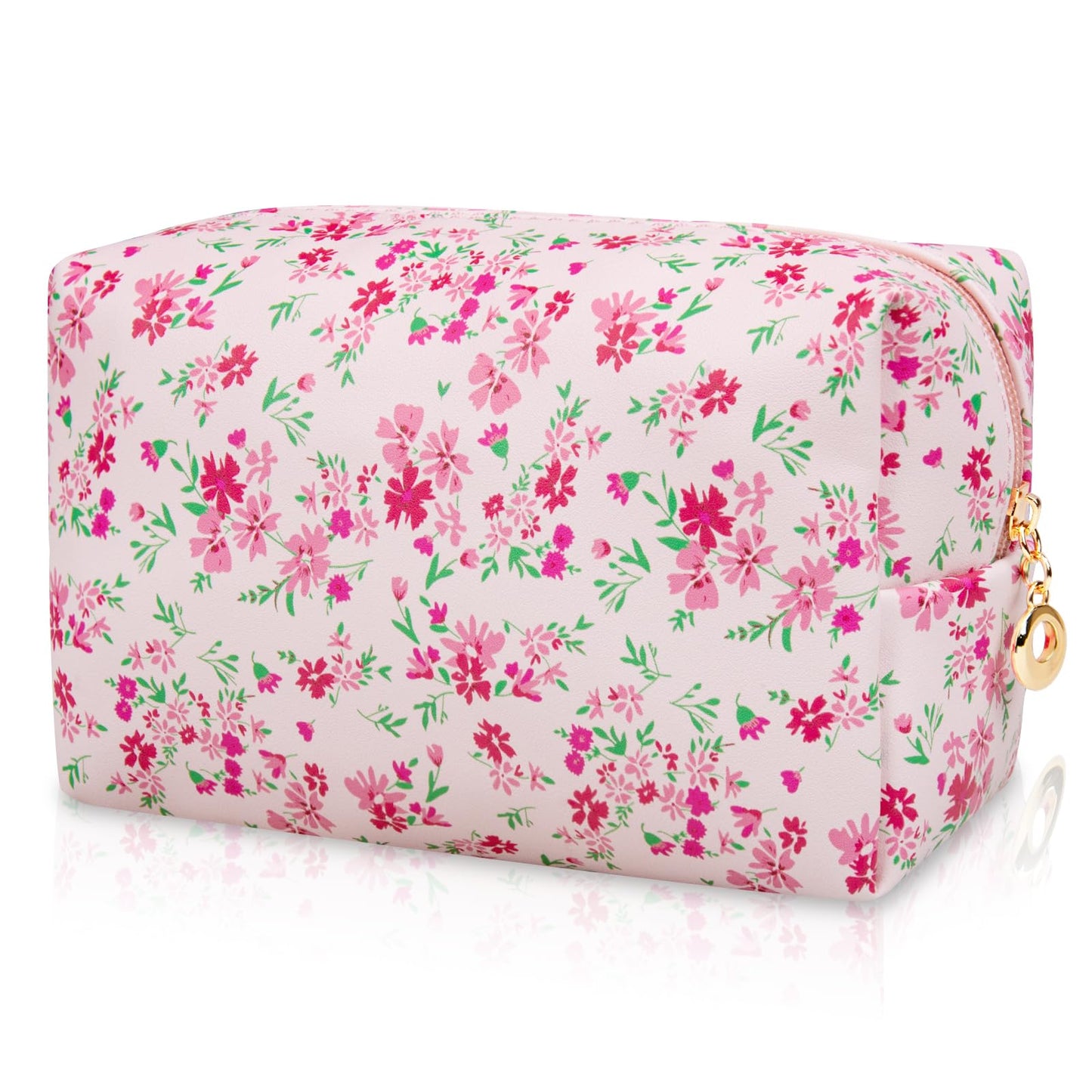 Gosect Floral Waterproof Makeup Bag, Leather Cosmetic Bag with Compartments, Zipper Make up Pouch Organizer, Portable Storage Travel Toiletry Bag Gifts for Women Girls(Pink Flower)