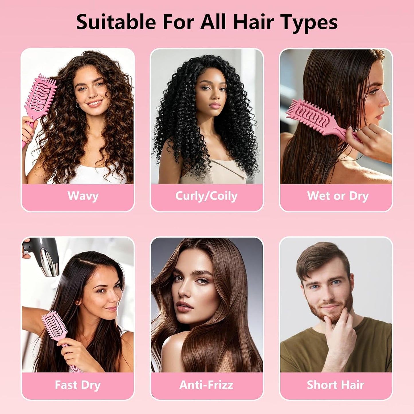 Curly Hair Defining Brush Set - 3 Ergonomic Slick Back Brushes for Wet & Dry Hair | Frizz Reduction (Pink)