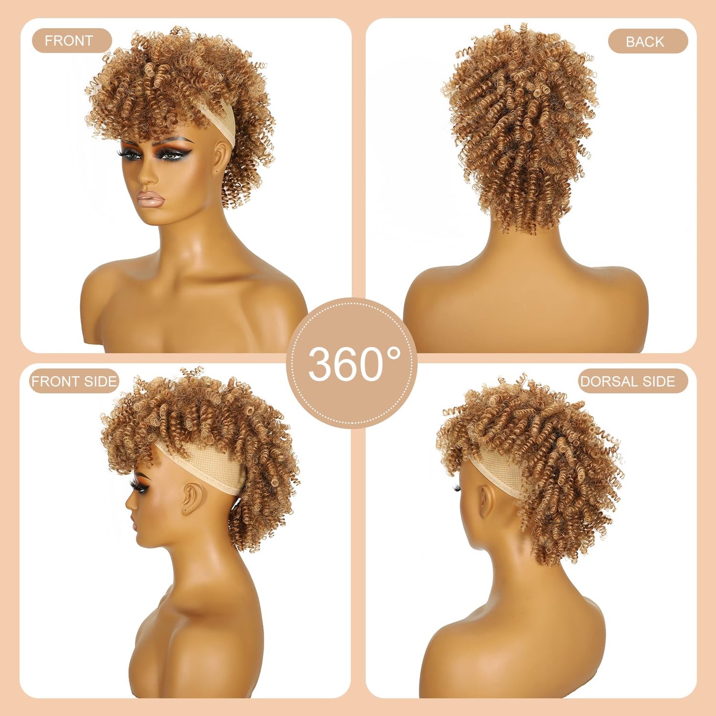 Jadeadyseg Mohawk Wig Kinky Curly Brown Ponytail Extension with Bangs,Short Curly Synthetic Clip in Mohawk Ponytail Extension with Six Clips and Two Combs Fluffy Hair for Daily Party Use 4/630