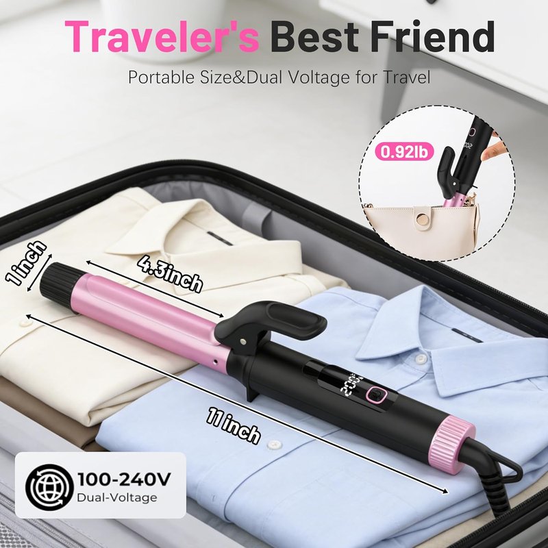 Travel Curling Iron - 1 Inch Dual Voltage Ceramic Barrel | Compact Design for Short Hair, 5 Temp Settings