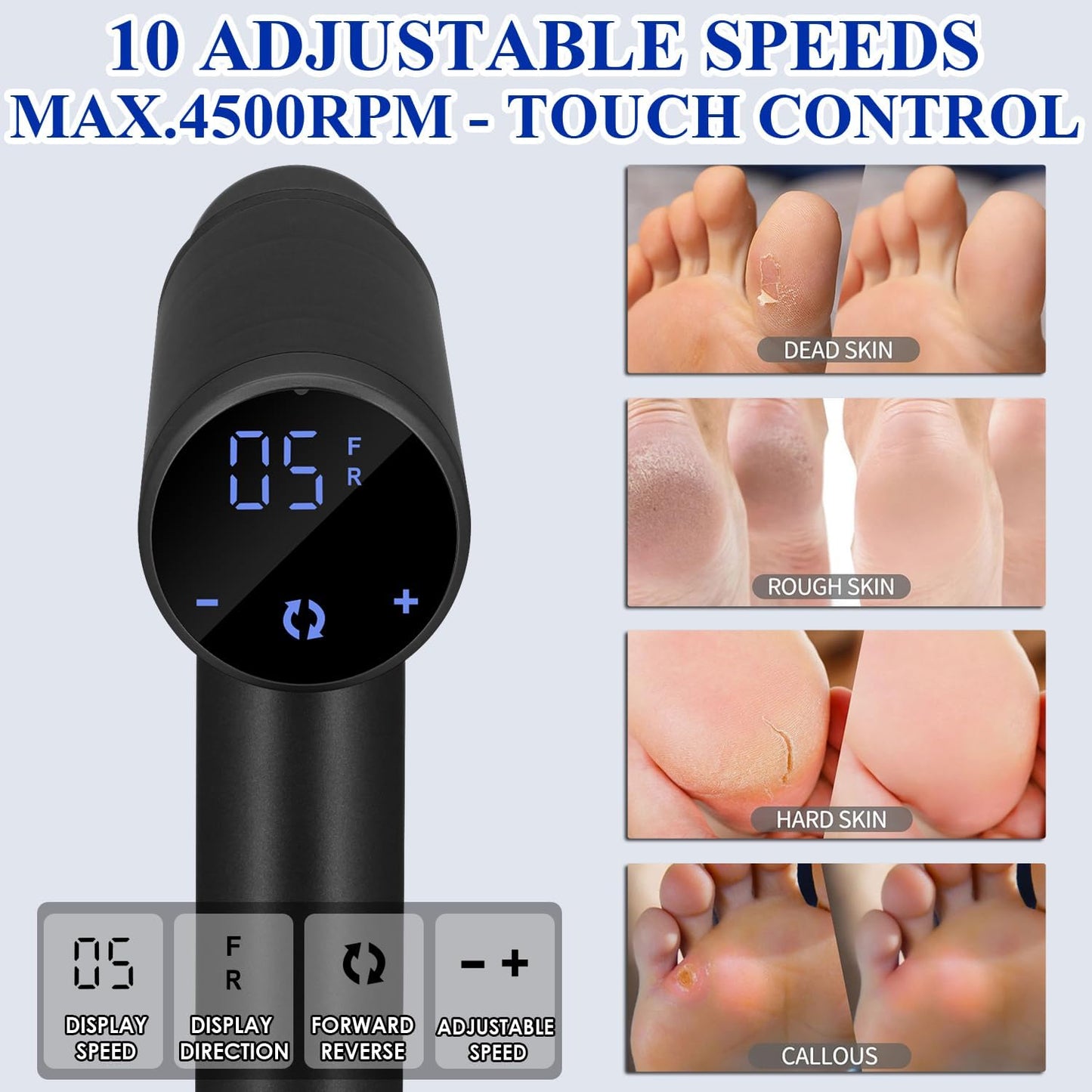 Electric Callus Remover - 4500 RPM Adjustable Speed Foot Sander for Smooth Heels | Black