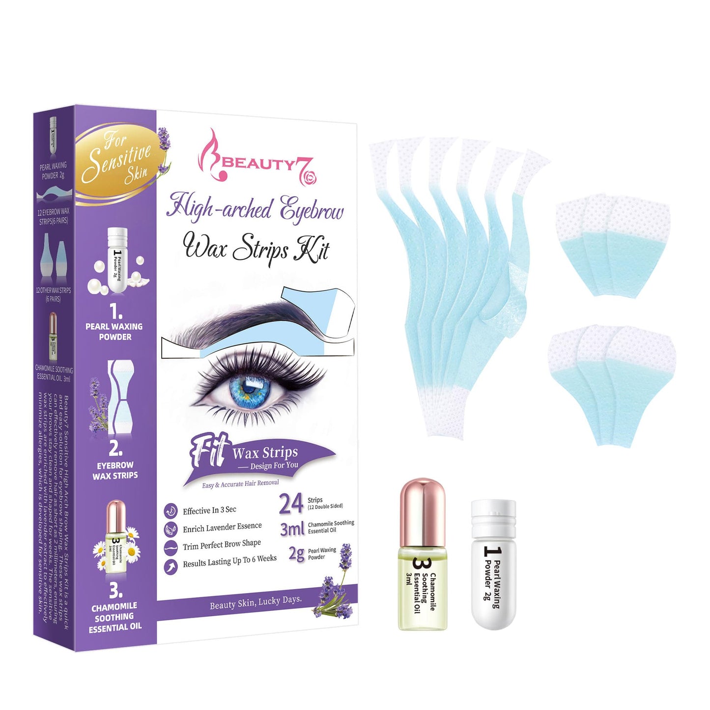 Beauty7 Sensitive High Arched Eyebrow Wax Strips, Eyebrow Waxing Strip 24 Strips with Pearl Powder Essential Oil for Sensitive Skin for Women