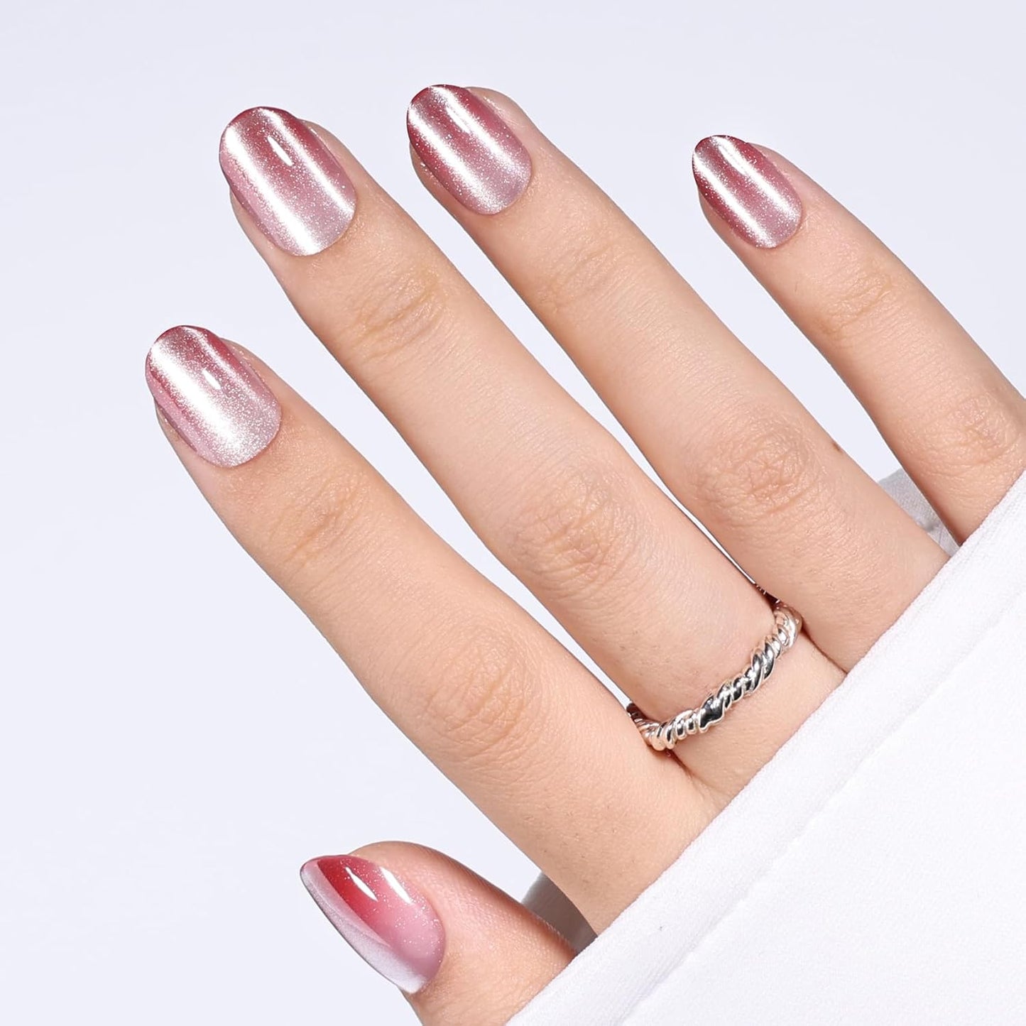 Cat Eye Press On Nails - Short Almond Fake Nails with Nail Glue | Reusable Brown Red 32-Piece Kit in 16 Sizes for Women & Girls