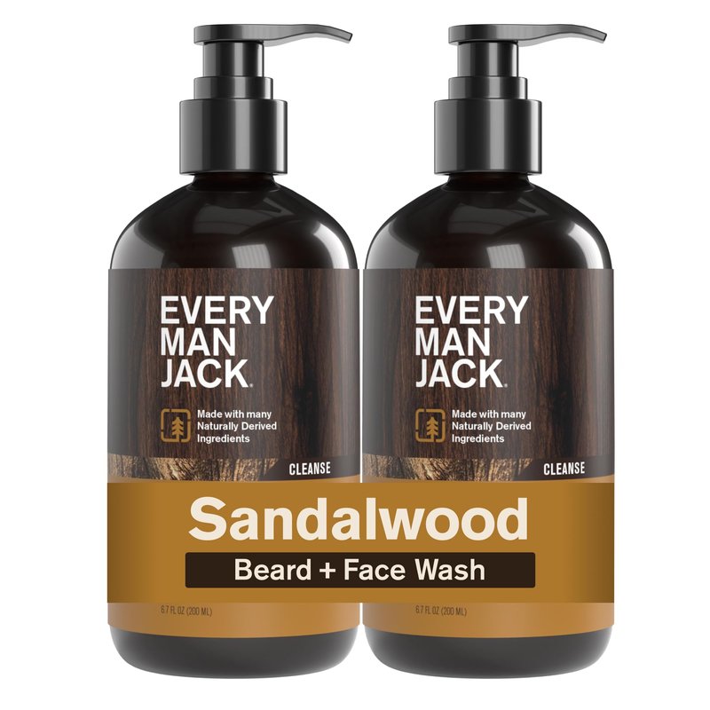 Every Man Jack Beard + Face Wash - Sandalwood Scent - Gently cleanse skin and soften beard - Made with Glycerin and Aloe - 6.7 fl. oz (2 Pack)