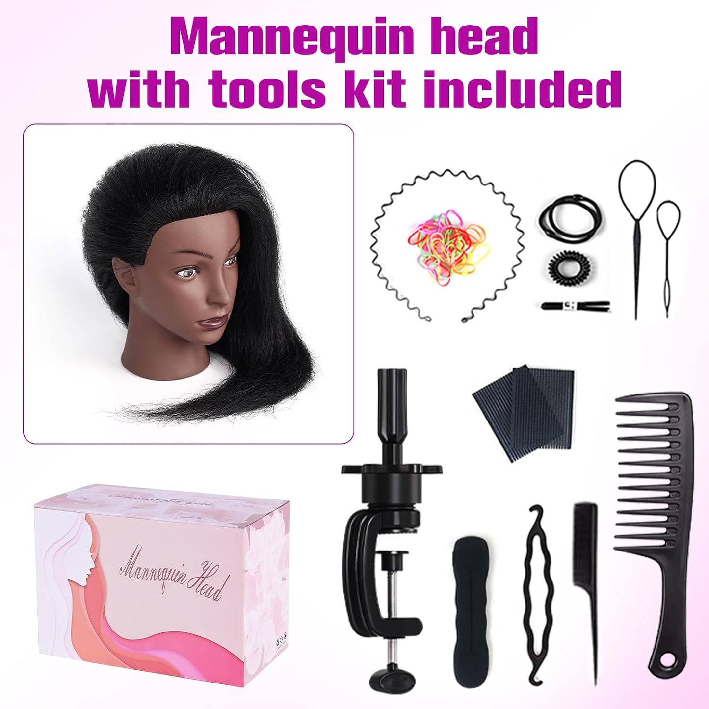 Real Hair Mannequin Head - 22'' Human Hair Cosmetology Training Doll with Clamp Holder & Tools | Black
