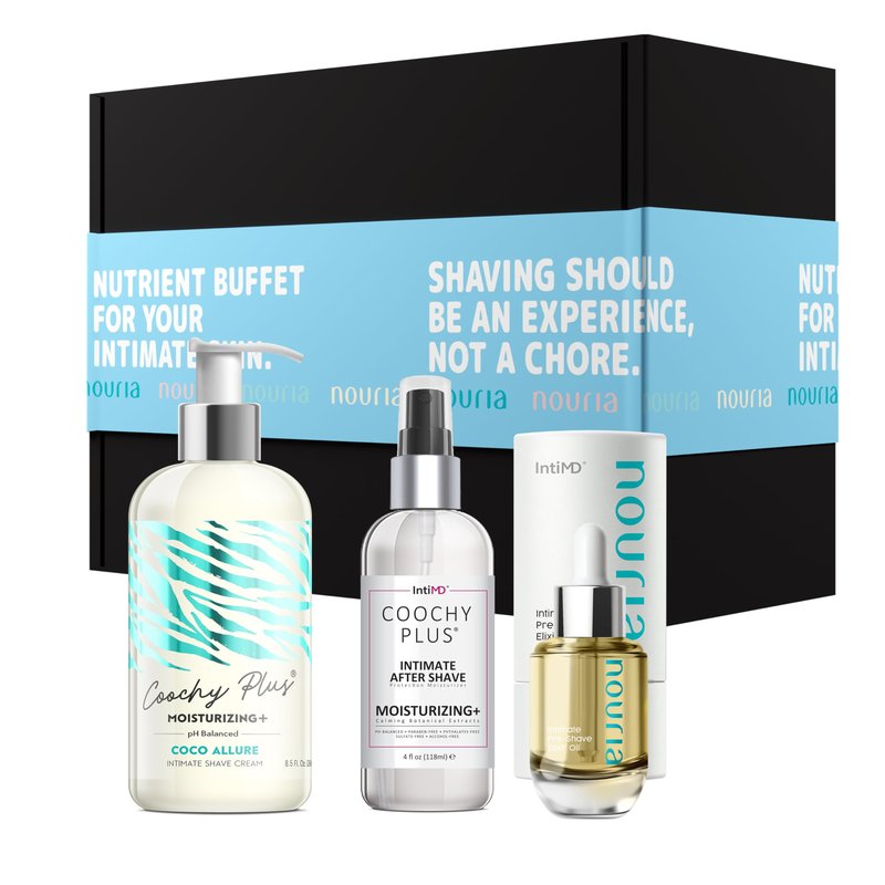 IntiMD Coochy Plus HydroLock Moisturizing + 3-Steps Kit Intimate Shave Gift Set Nouria Pre-Shave Elixir Oil + Coochy Plus Shave Cream + Coochy Plus After Shave Protection Mist (Set of 3, Sweet Diva)