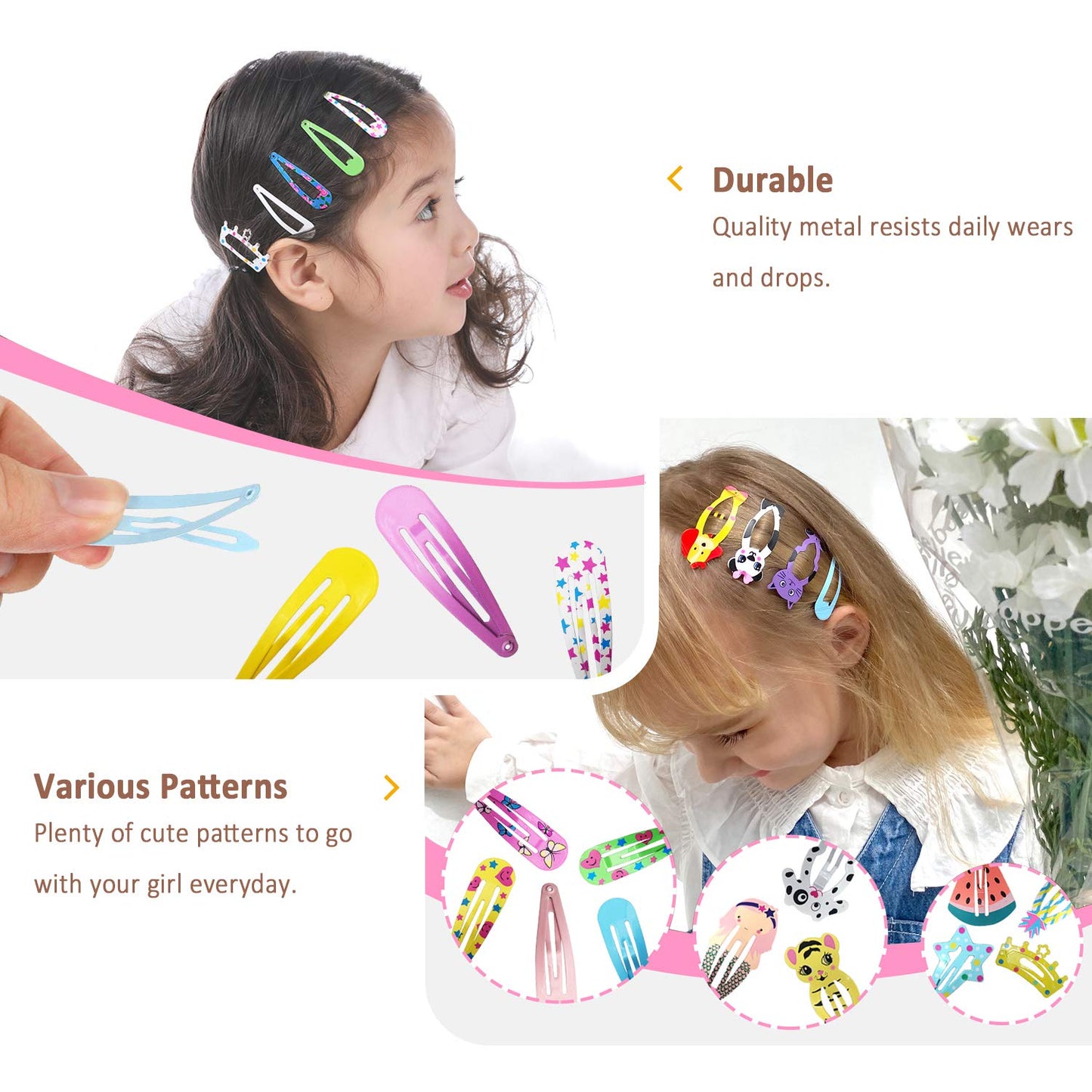 Funtopia Hair Clips for Girls - 100 Pcs No Slip Metal Snap Barrettes | Cute Candy Color Cartoon Designs