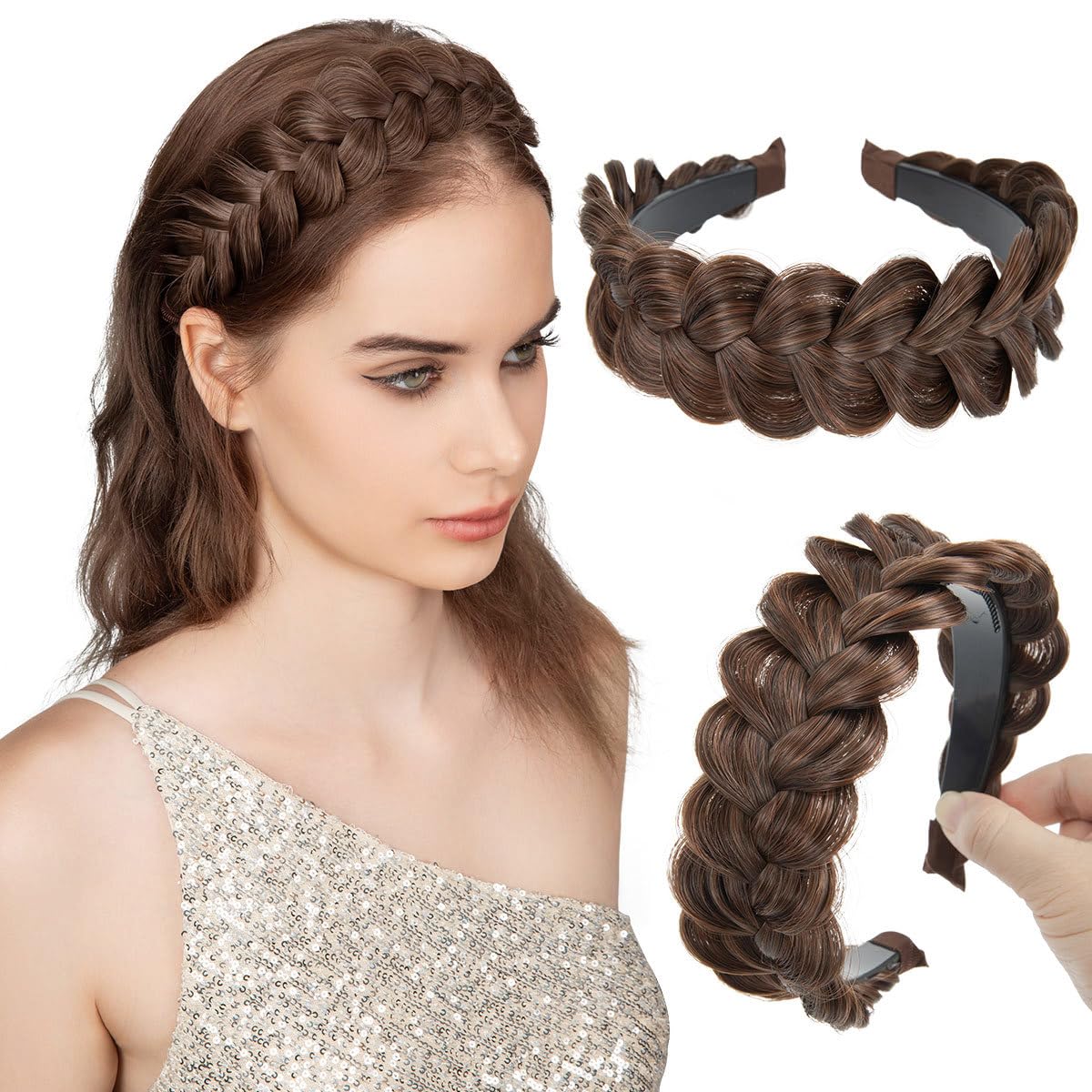 CJL HAIR Wide Braided Headbands Hair Piece for Women Synthetic Hair Hoops Head Bands with Teeth Handmade Braid Hairband Accessories Chocolate Multi 1PC