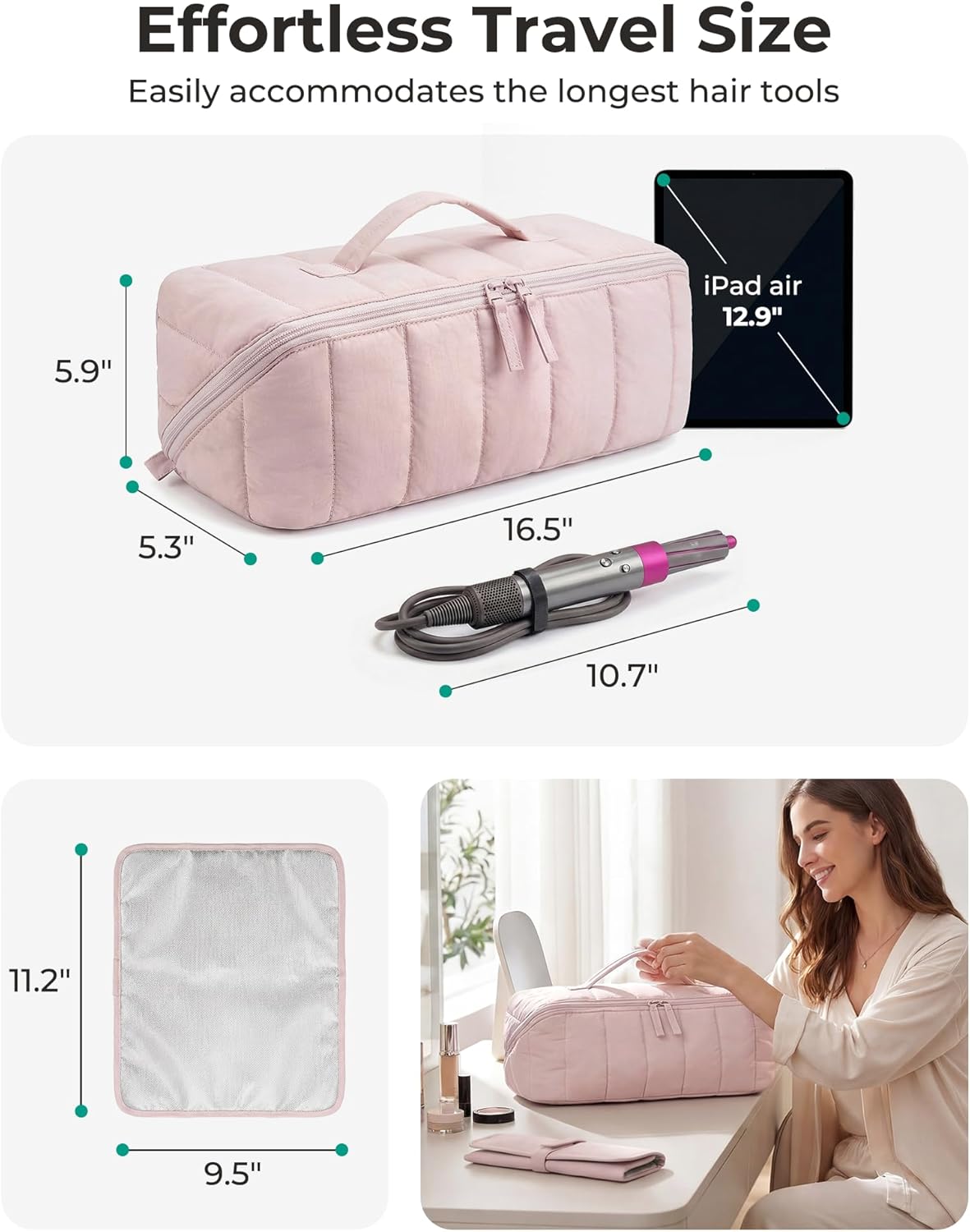 Hair Tool Organizer Travel Bag - Compatible with Dyson Airwrap & Shark Hair Dryer | Heat Resistant Mat, Black