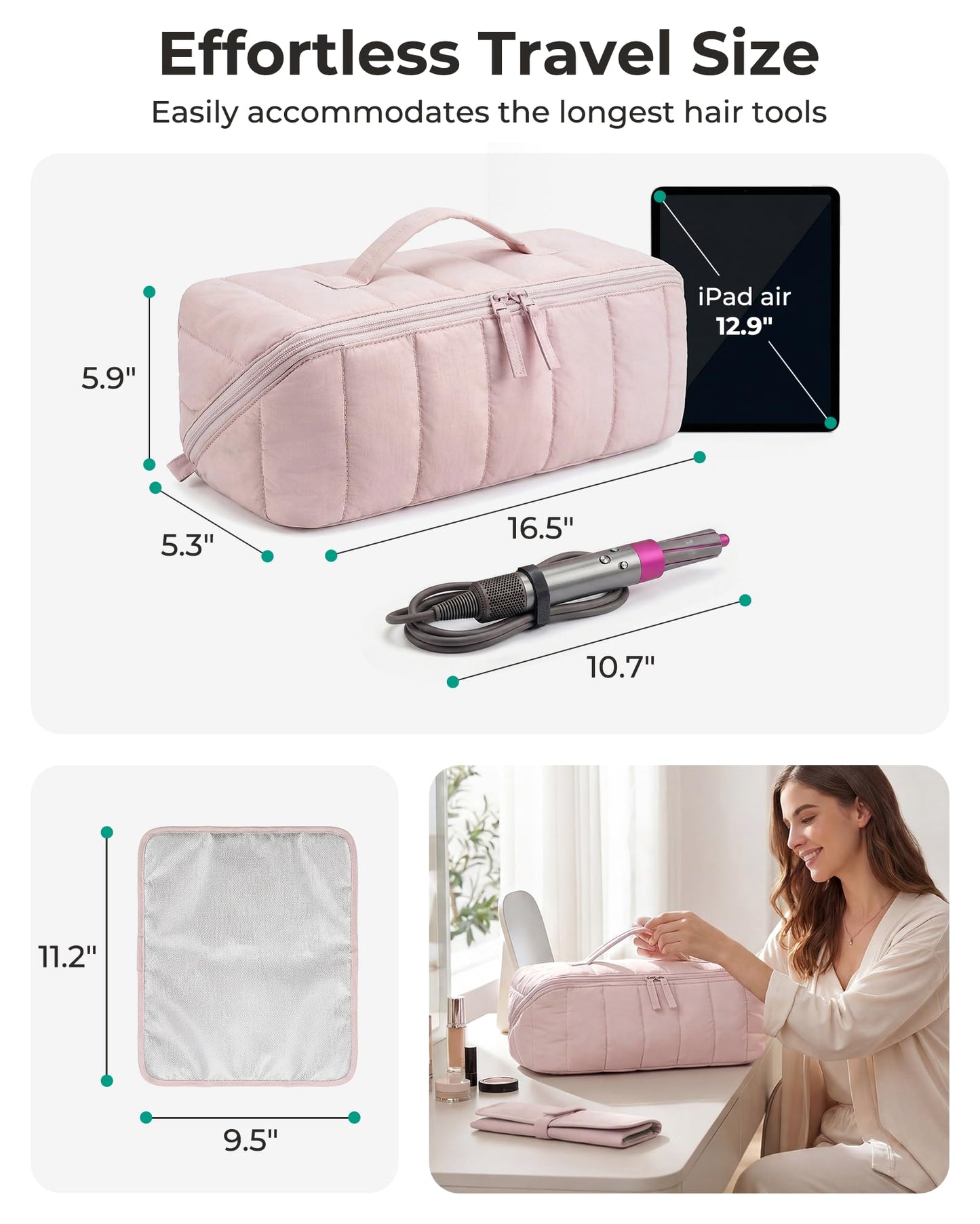 BAGSMART Hair Tool Organizer Travel Bag Compatible with Dyson Airwrap, Shark Hair Dryer, Wide-open Accessories Organizer with Heat Resistant Mat, Makeup Bag for Dyson Attachments, Curling Iron, Black