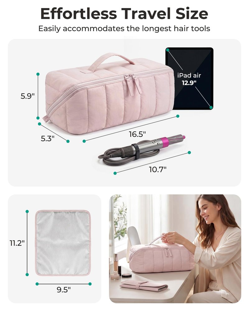 BAGSMART Hair Tool Organizer Travel Bag Compatible with Dyson Airwrap, Shark Hair Dryer, Wide-open Accessories Organizer with Heat Resistant Mat, Makeup Bag for Dyson Attachments, Curling Iron, Pink