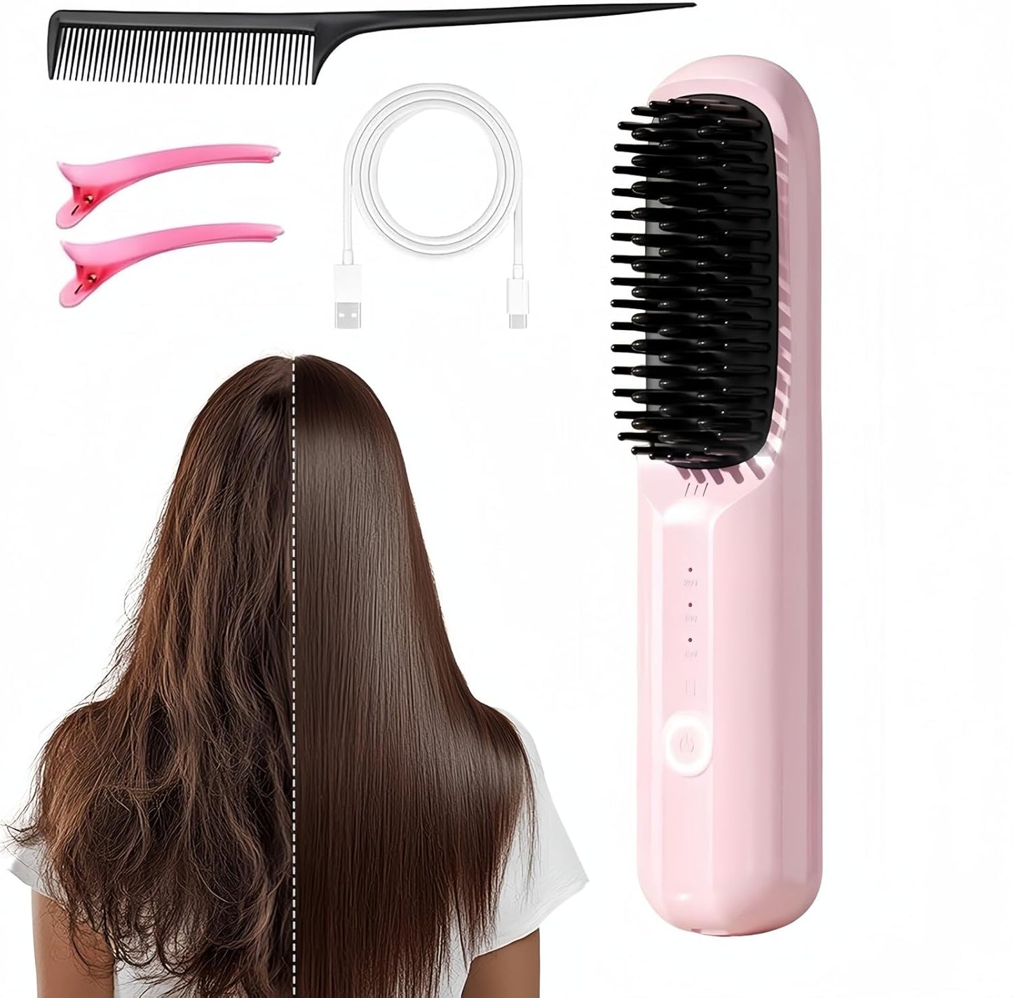 Cordless Hair Straightening Brush - Fast Heating Ceramic | Portable USB-C Brush for Short & Long Hair - Black