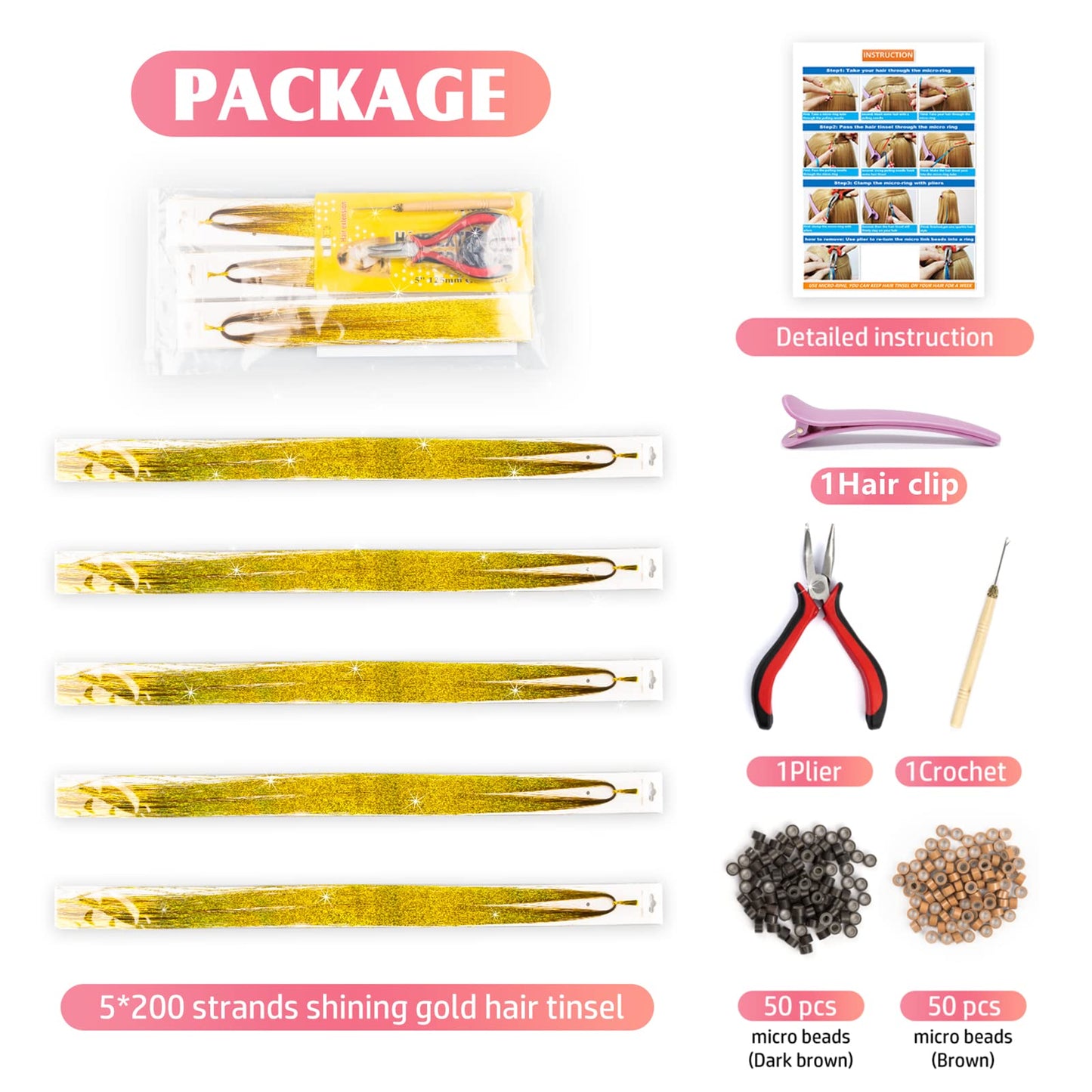Hair Tinsel Kit with Tools and Instruction Easy to Use 1000 Strands 47 Inches Glitter Tinsel Hair Extensions for Women and Girls, Sparkling Shinny Fairy Hair Accessories for Christmas New Year Halloween Cosplay Party (Gold)