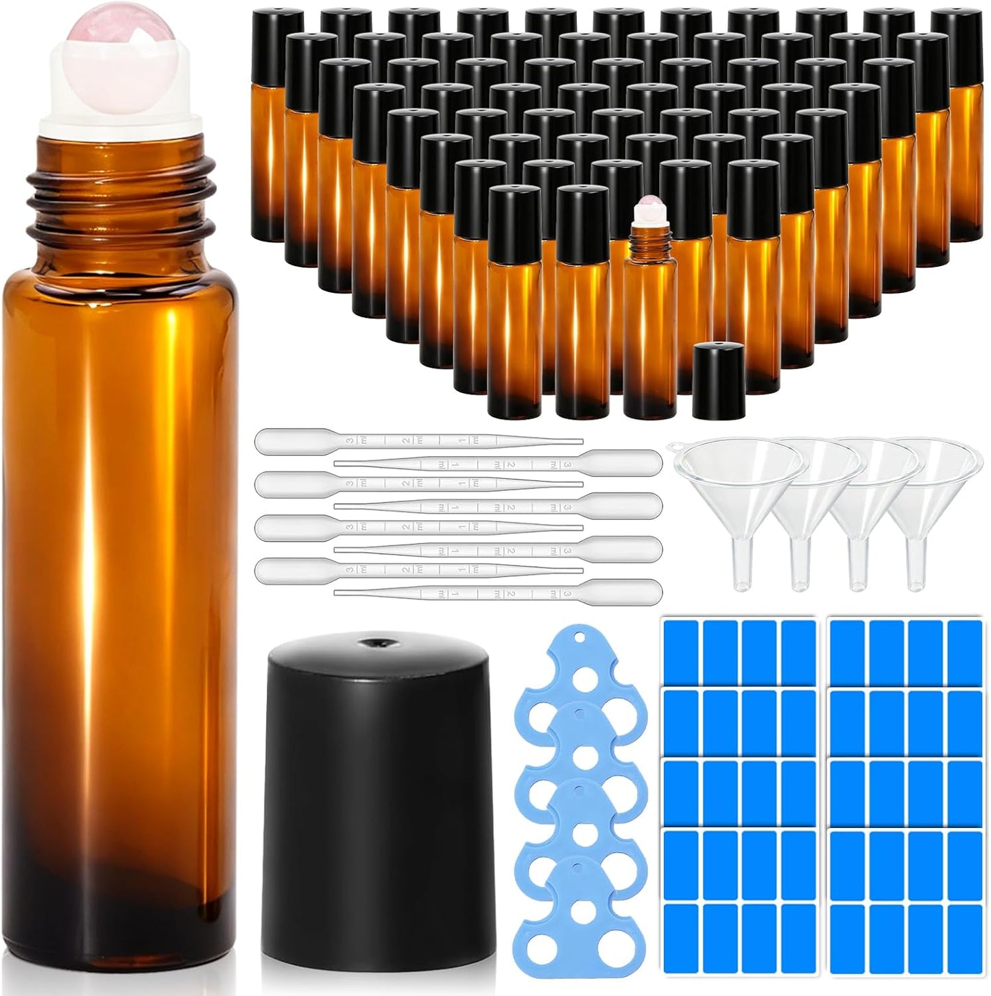 Essential Oils Roller Bottles - 10 Pack 10ml Leakproof Amber & Clear Glass | Rose Quartz & Stainless Steel Balls for Perfume & DIY