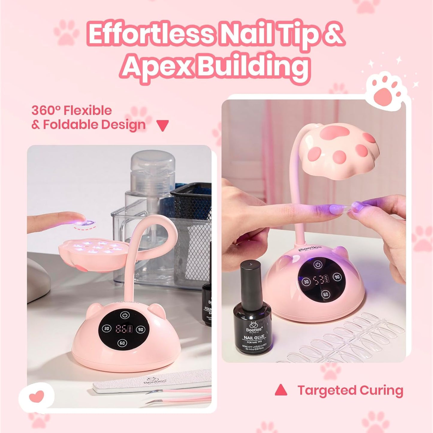 Beetles Gooseneck UV Nail Lamp - Meowgic StrawPurr Mini LED Light with Smart Sensor & 504PCS Gel Nail Tips in 12 Sizes | Short Almond, Etch-X Half Matte Full Cover