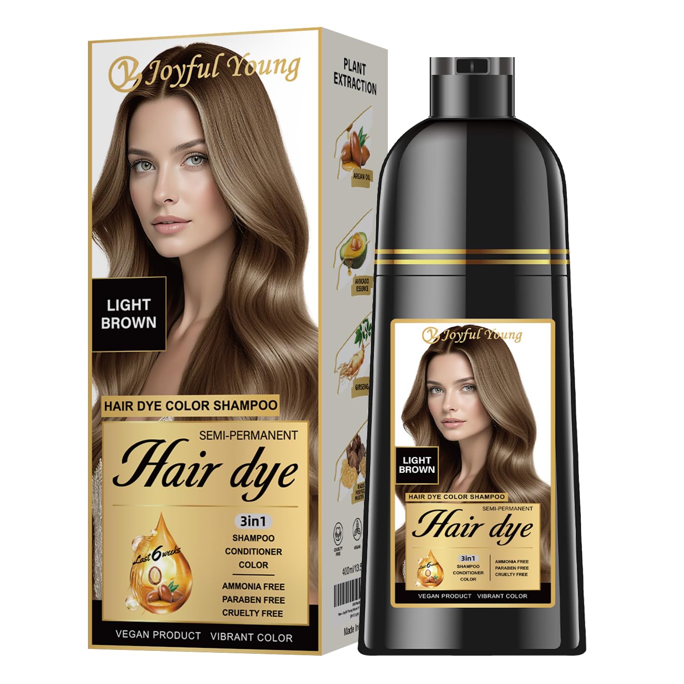 Joyful Young Hair Dye Shampoo - 3-in-1 Ash Brown Semi-Permanent Color Depositing Shampoo for Gray Hair | Vegan & Ammonia-Free