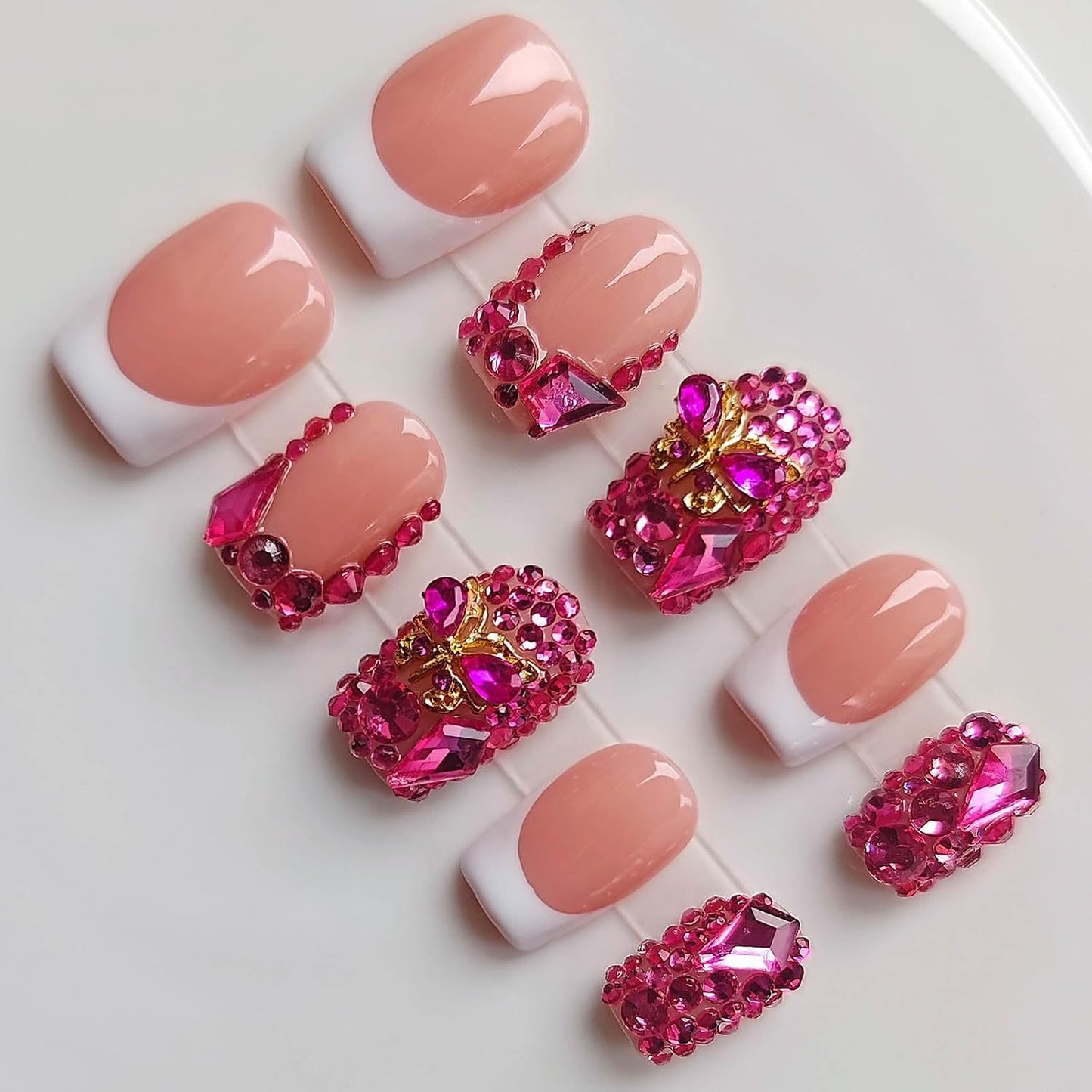 Pink Press On Nails - Handmade Short Square Style | M Size Daily Wear Y2K Cute French Design with Polka Dot & 3D Flowers - 10 Pcs