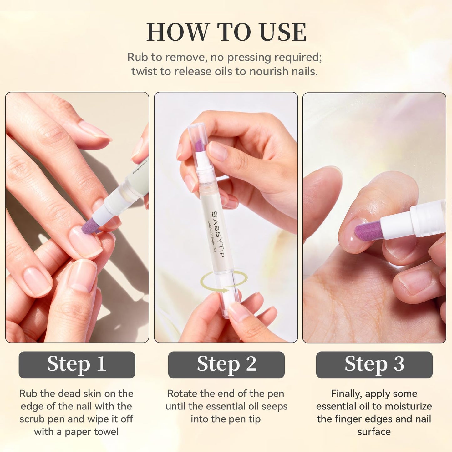 SASSYTIP Ceramic Cuticle Pusher & Oil Pen, 2ml Rose/Lavender/Fragrance Free Scented Nail Care Pen, Gentle Cuticle Remover for Dry & Damaged Nails, Moisturize Strengthen Brighten (Beige)