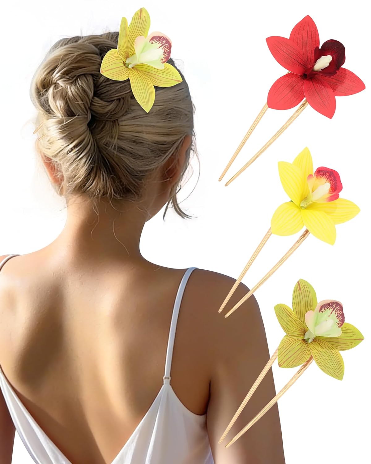 Hawaiian Orchid Flower Hair Pins - 3 Pack Metal Hair Sticks for Thick Hair Updos | Perfect for Beach Vacations