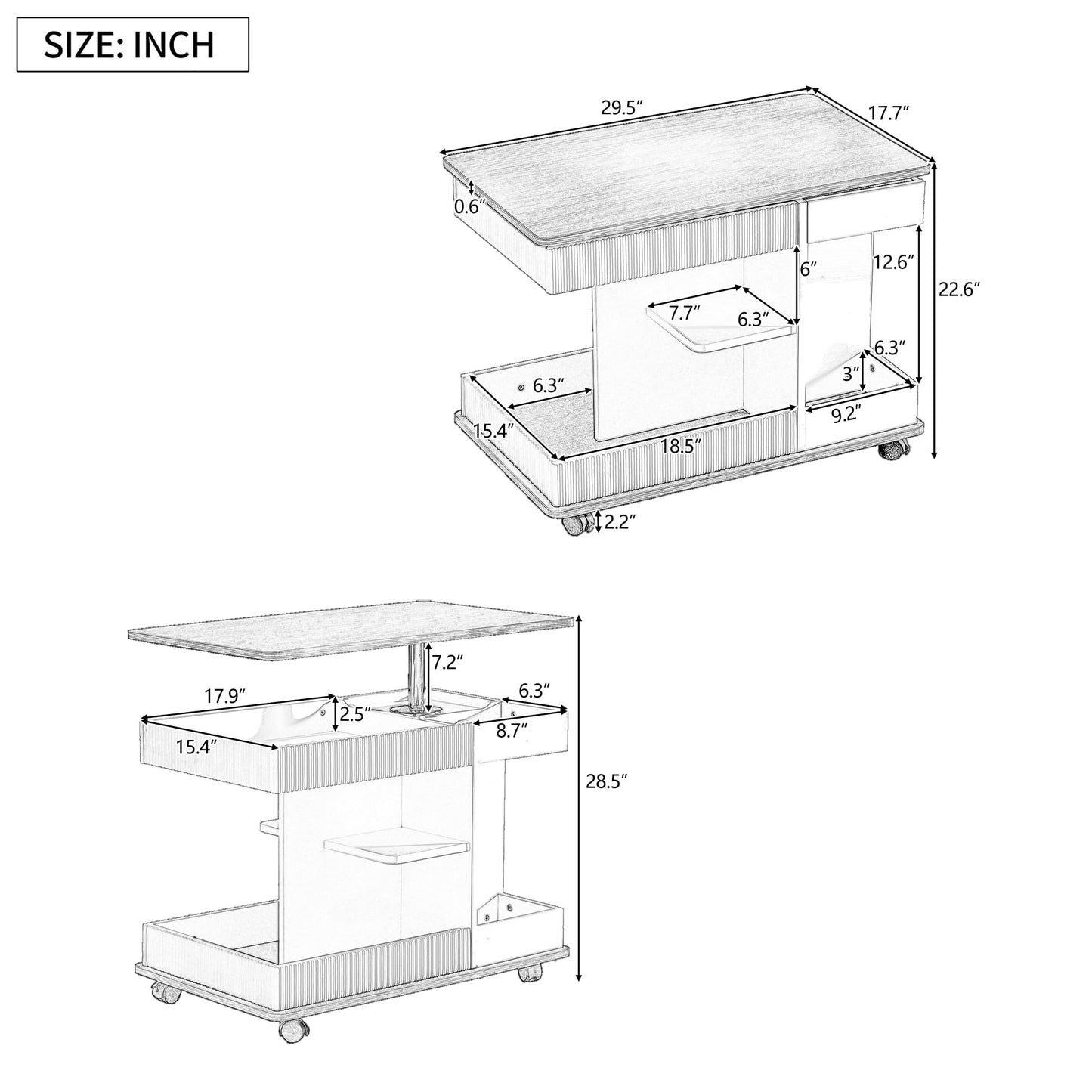 Merax Adjustable End Table with Wheels, Modern Multifunctional Sofa Side Table with Lift-Top, 360°Rotating Top and Storage Space for Living Room, Small Space, Brown+White