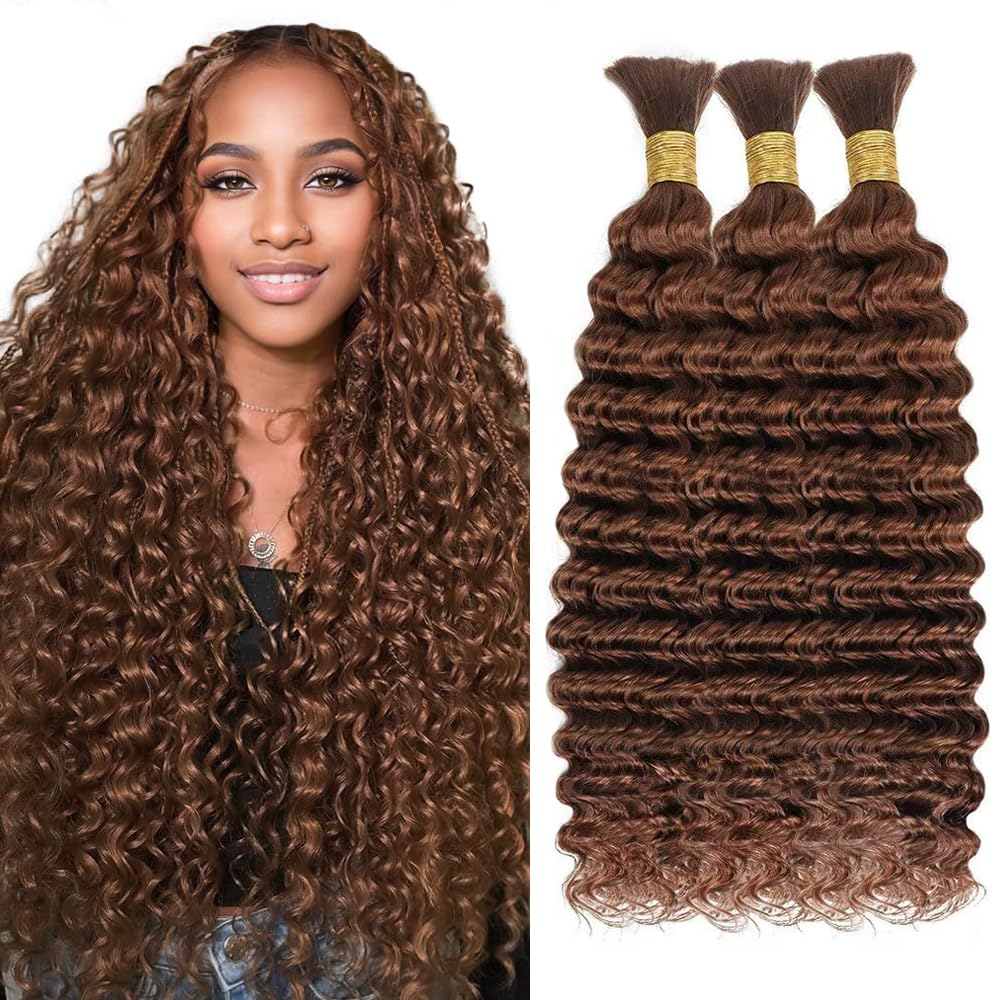 32 32 32 Inch DiexrLamx Light Brown Human Braiding Hair Deep Wave Bulk #30 Auburn No Weft Curly Braiding Hair for Boho Braids 150g 3 Bundles/Pack