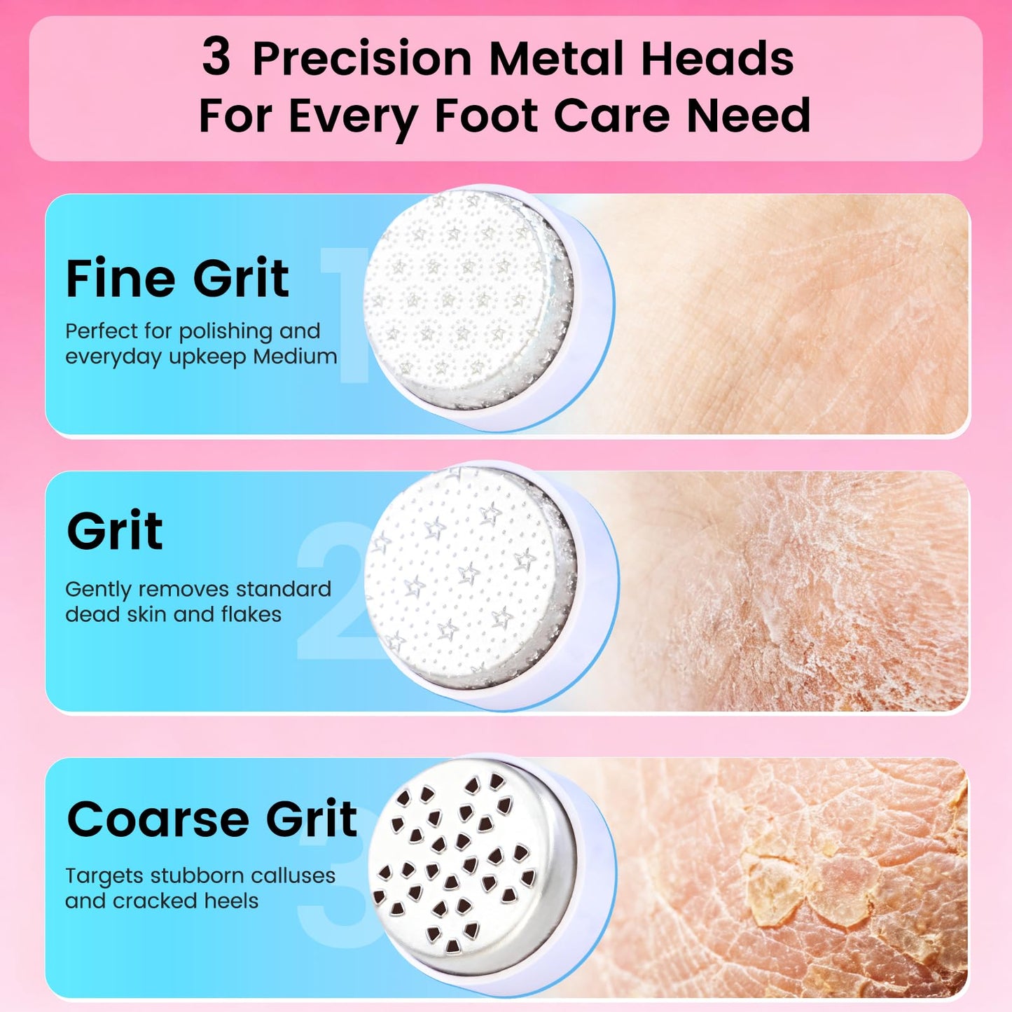 Wireless Electric Foot File - Callus Remover Tool for Feet, Rechargeable Pedicure Tool with 3 Replaceable Grinding Heads, Professional Adjustable Speed Foot Files for Dead Skin, Cracked Heels (White)