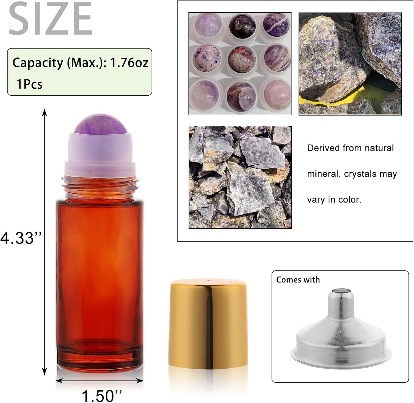 Large Amber Glass Roll-On Bottles for Essential Oils | 2-Pack Refillable Roller Ball Applicators with Purple Crystal Rollerball