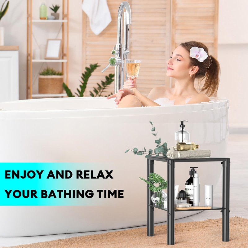 YAJONUE Shower Stool for Shaving Legs, Shower Step Stool for Inside Shower, Non-Slip Spa Shower Foot Rest Stool, Corner Bathroom Shower Bench Bath Seat with Storage Shelf for Small Shower Spaces