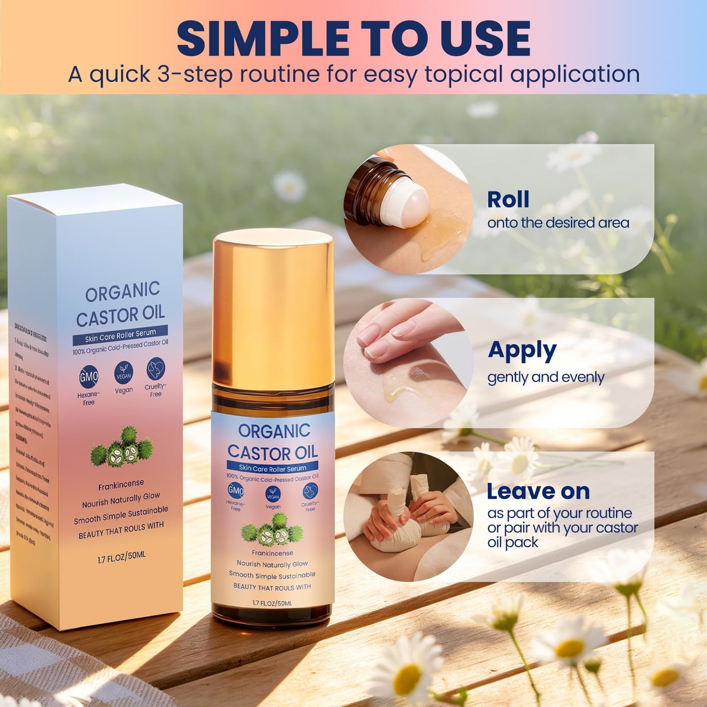 ToopBCP Organic Castor Oil with Rose Quartz Roller, 100% Pure Cold-Pressed, Used to promote hair growth, eyelash growth, eyebrow growth and skin health, Organic Castor Oil Roll On Rose Quartz. 1.7oz