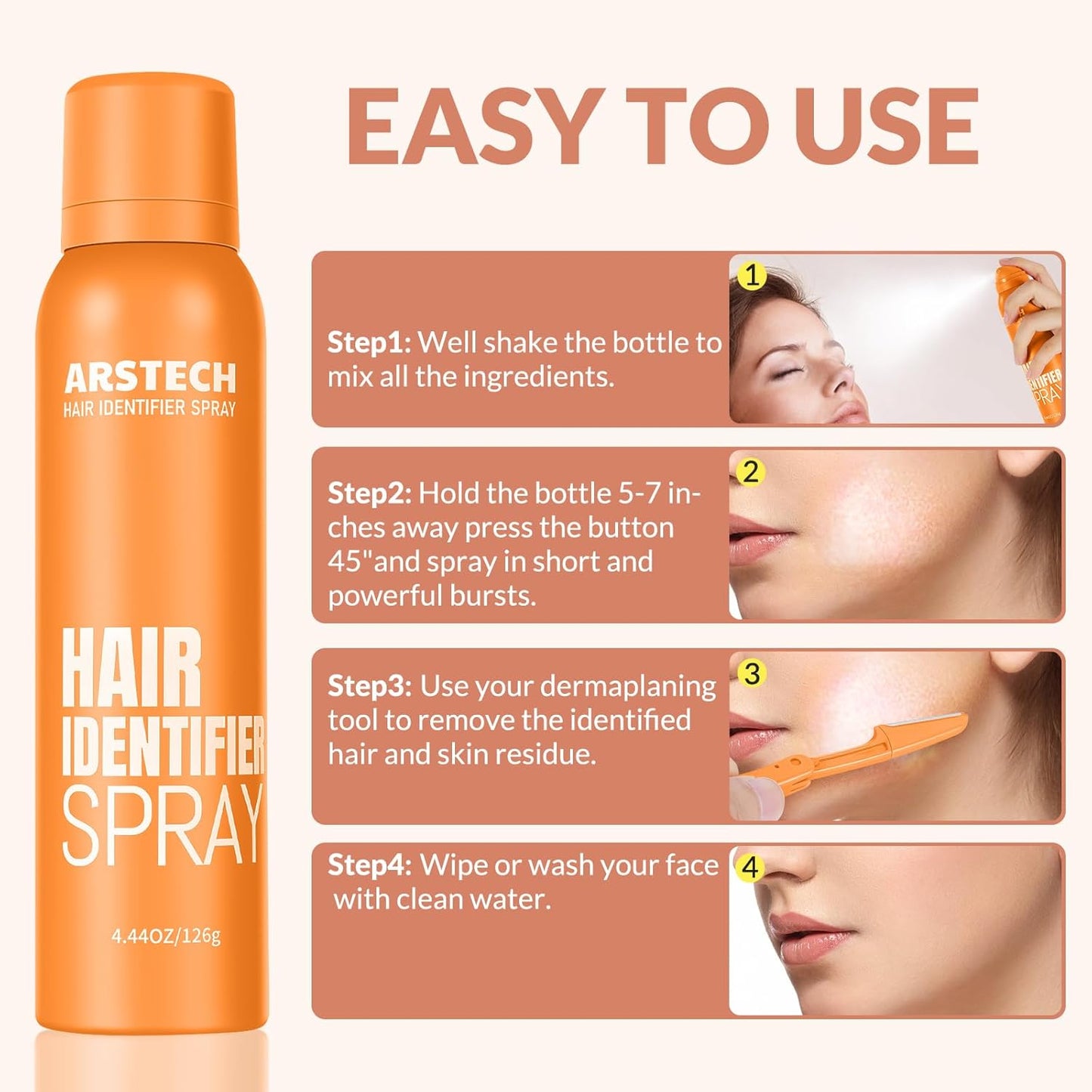 Hair Identifier Spray - Dermaplaning Tool for Women | 4 Face Razors Included, Ideal for Smooth Skin