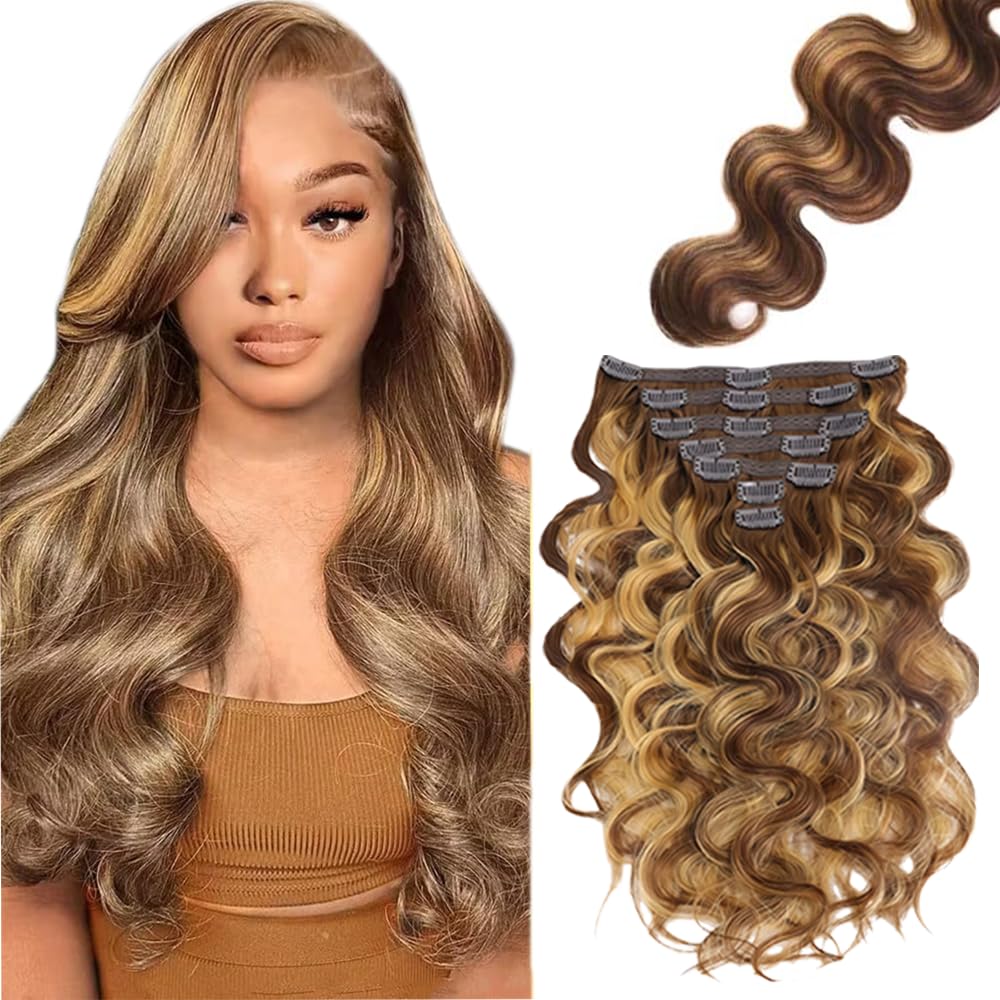 P427 Blonde Clip in Hair Extensions Real Human Hair, 14 Inch 120g/7Pcs,Full Shine Remy Human Hair,Highlight Brown Body Wave Clip ins Brazilian Virgin Human Hair Extensions