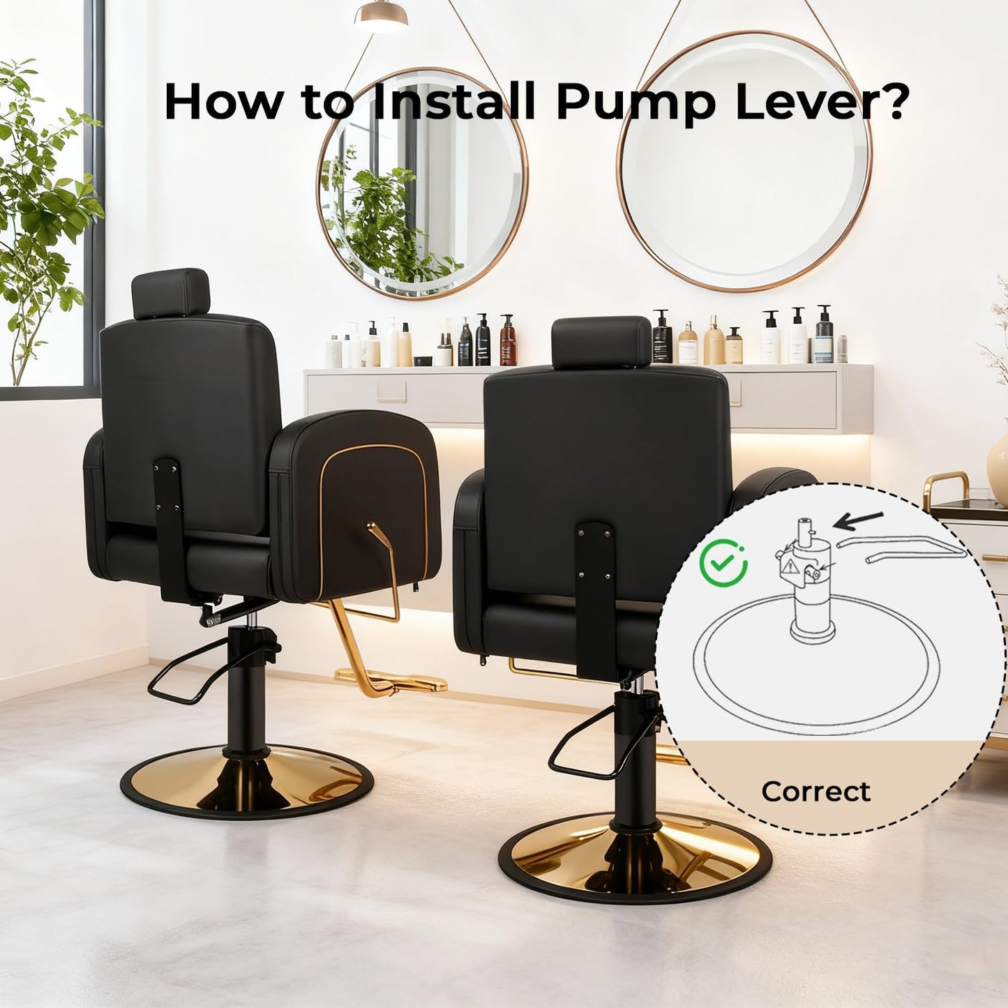 Reclining Salon Barber Chair - Black & Gold Heavy Duty Hydraulic with Adjustable Backrest | Supports 330 lbs, 360° Swivel