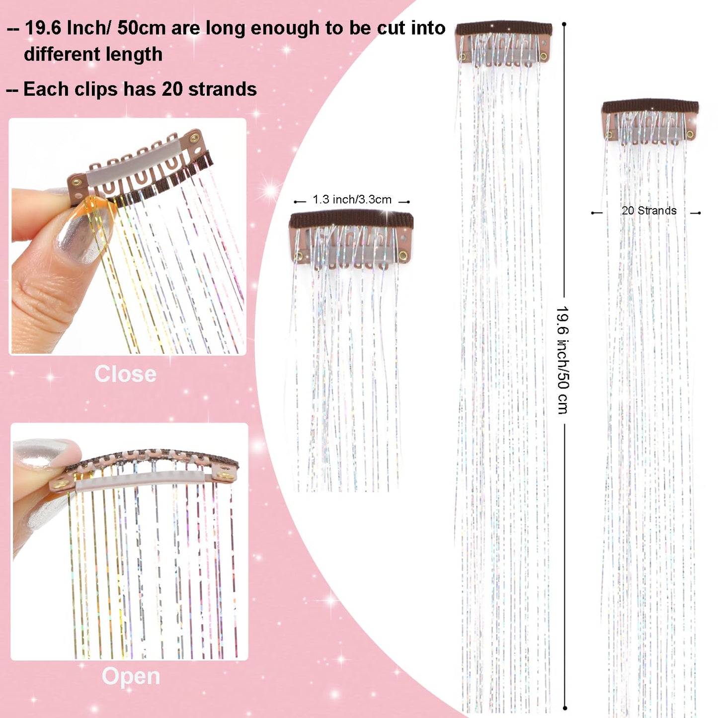USHUIUS Hair Tinsel Clip in 12Pcs Silver Tinsel Hair Extensions Clip in Hair Tinsel Fairy Glitter Hair Tinsel Kit Heat Resistant Sparkly Hair Accessories for Girls Women Kids (12Pcs SILVER)