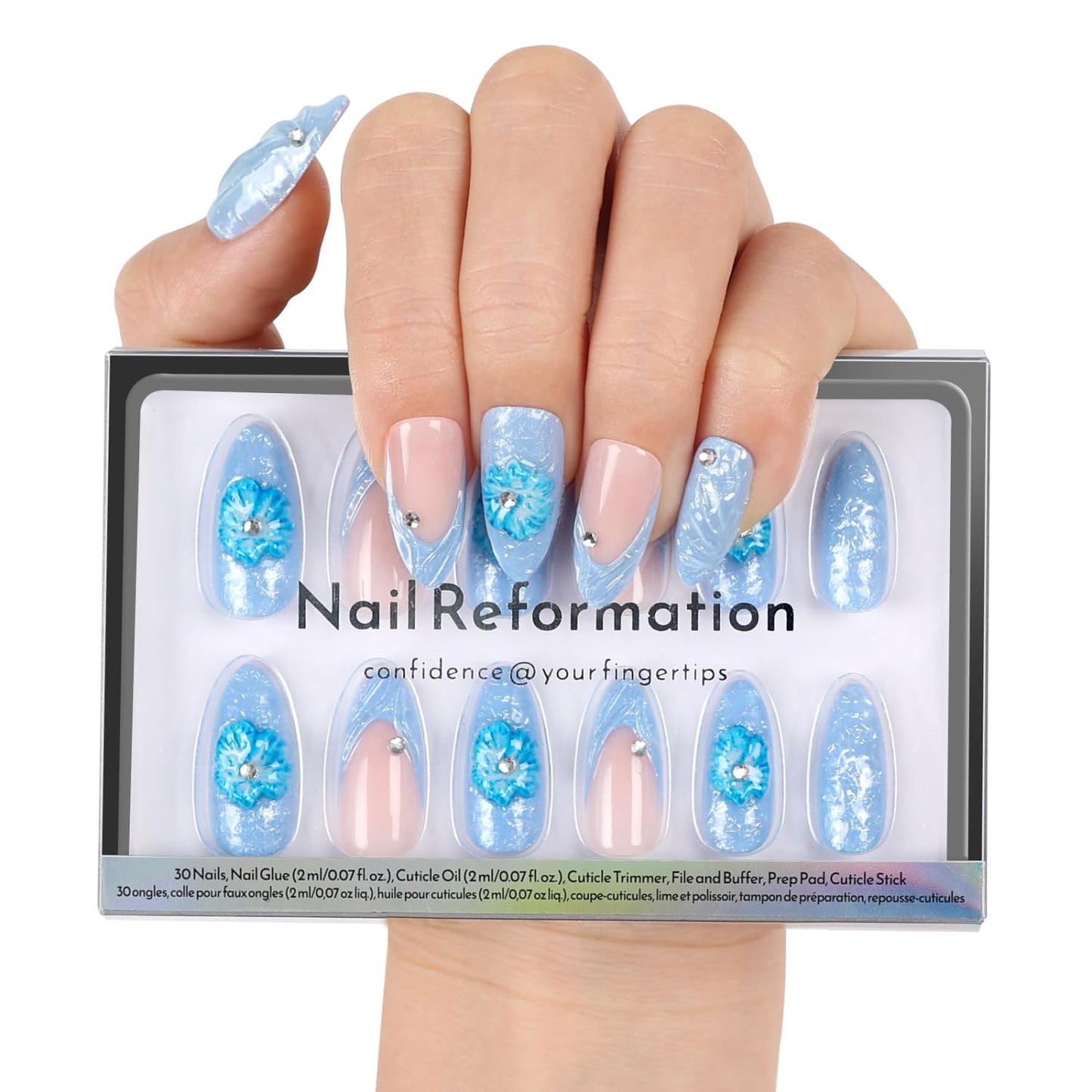 Press On Nails - 3D Floral Peony Pop Medium Almond Design | Reusable Stick-On Nails in 15 Sizes, Glossy Finish