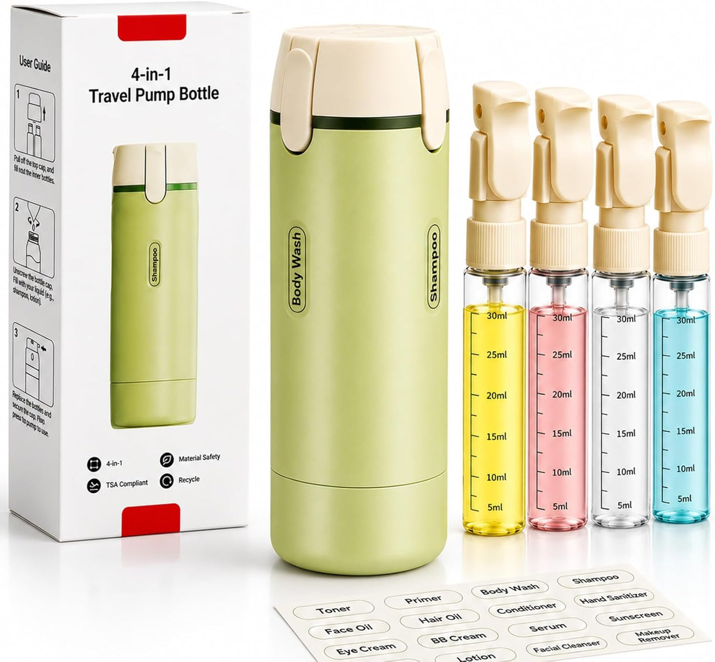 Travel Dispenser Bottles - 4 in 1 Refillable Leak-Proof Containers | TSA Compliant Toiletry Organizer (Green)