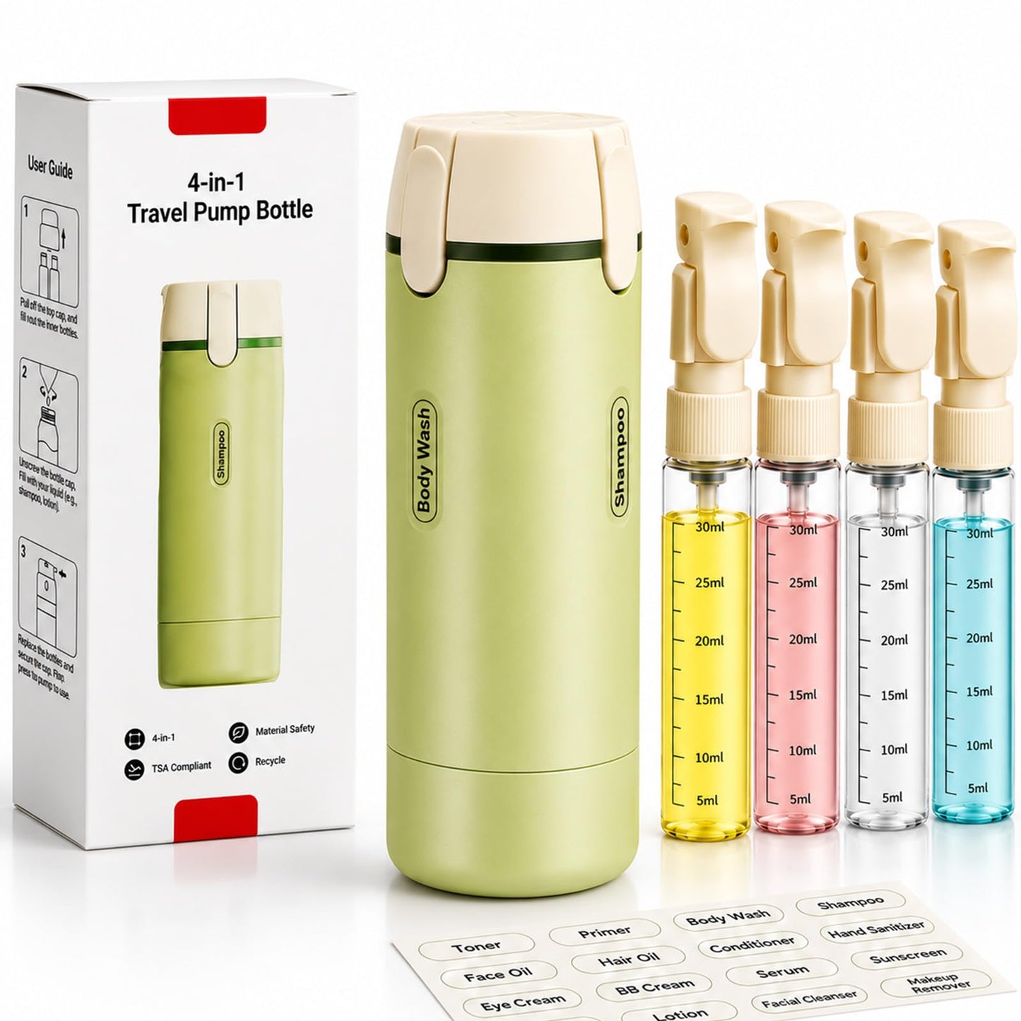 4 in 1 Travel Dispenser Bottles Shampoo Refillable Leak Proof TSA Compliant Size Containers Toiletries Toiletry with Pump Design Portable Organizer Conditioner Lotion Cream Vacation (Green)