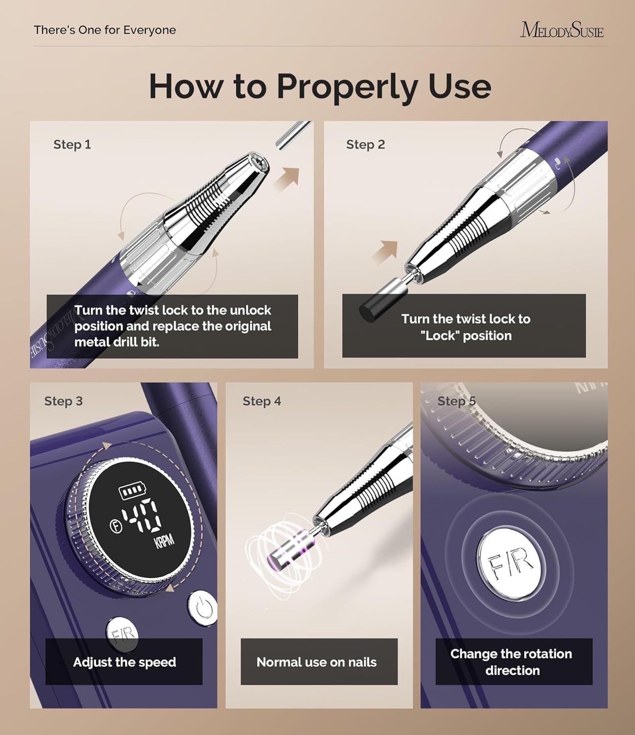 MelodySusie Professional Clip-On Nail Drill - 40000RPM E-File for Manicure Shaping & Gel Removal | Adjustable Stand