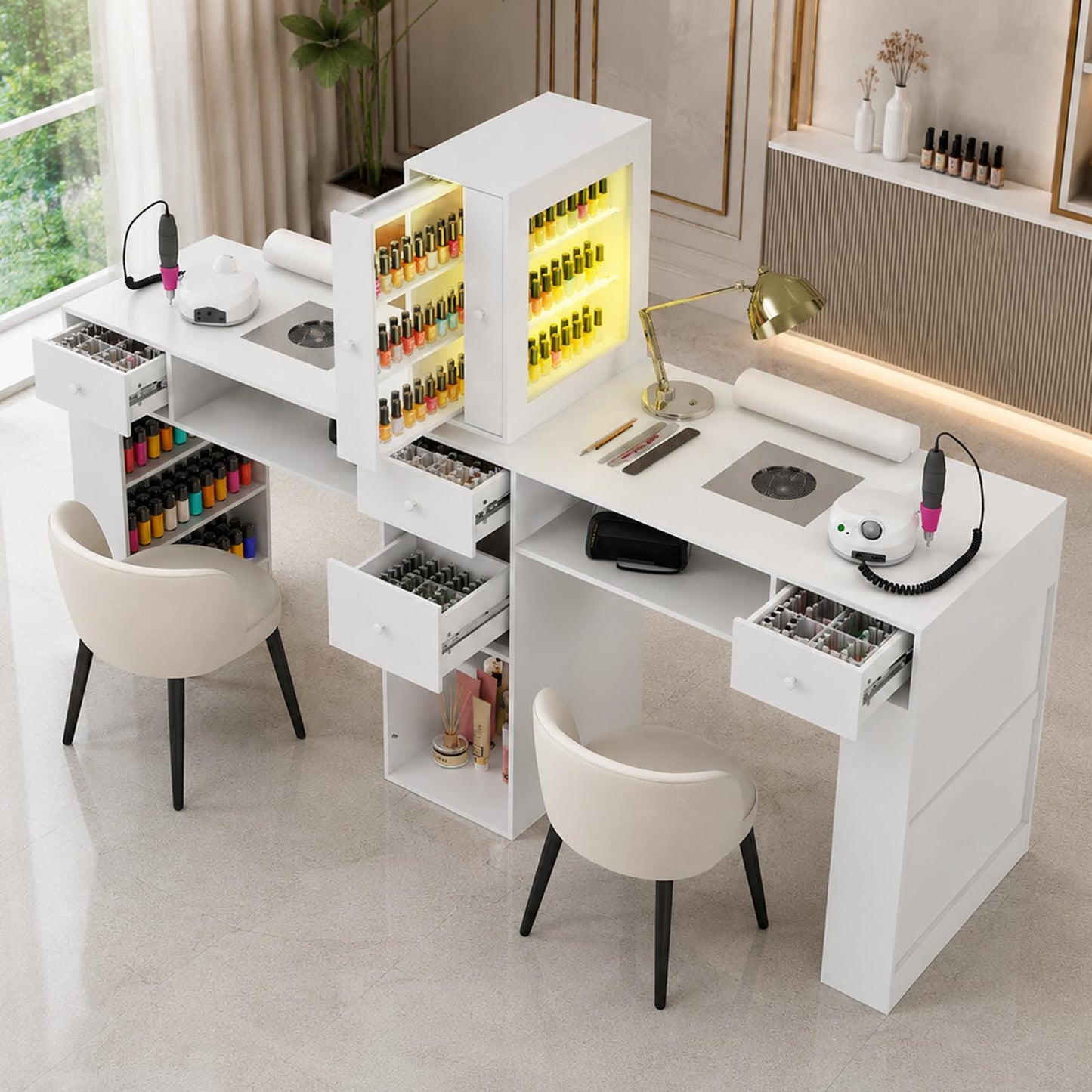 Kikihouse Double Manicure Table 76.5" Wide, 2 Person Nail Desk w/LED Light & Dust Collector, Professional Salon Workstation w/Storage Drawers, Hand Rest, for Nail Techs Beauty Salon
