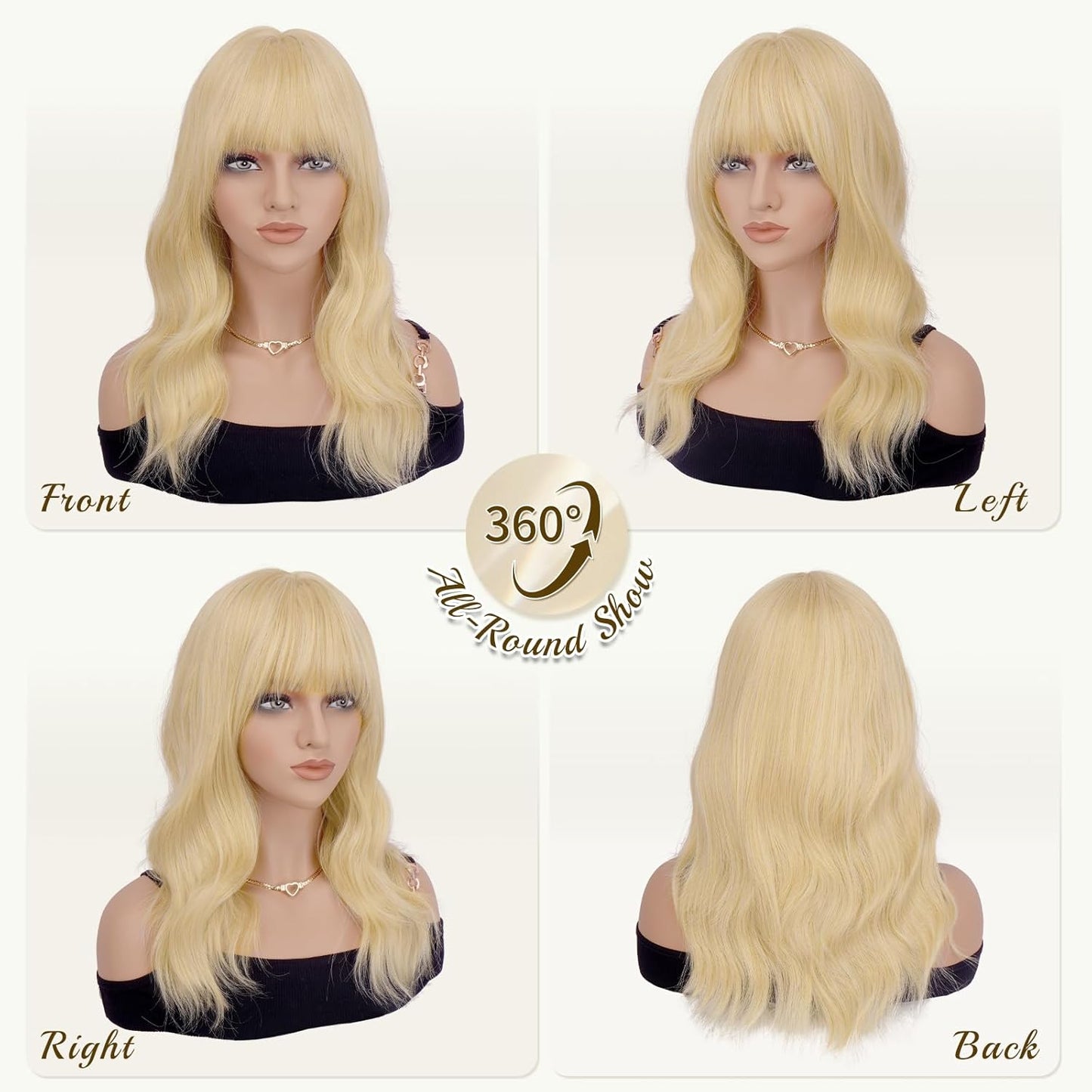 Blonde Wigs with Bangs - 19 Inch Natural Wavy Synthetic Hair for Daily Wear | Heat Resistant Medium Length