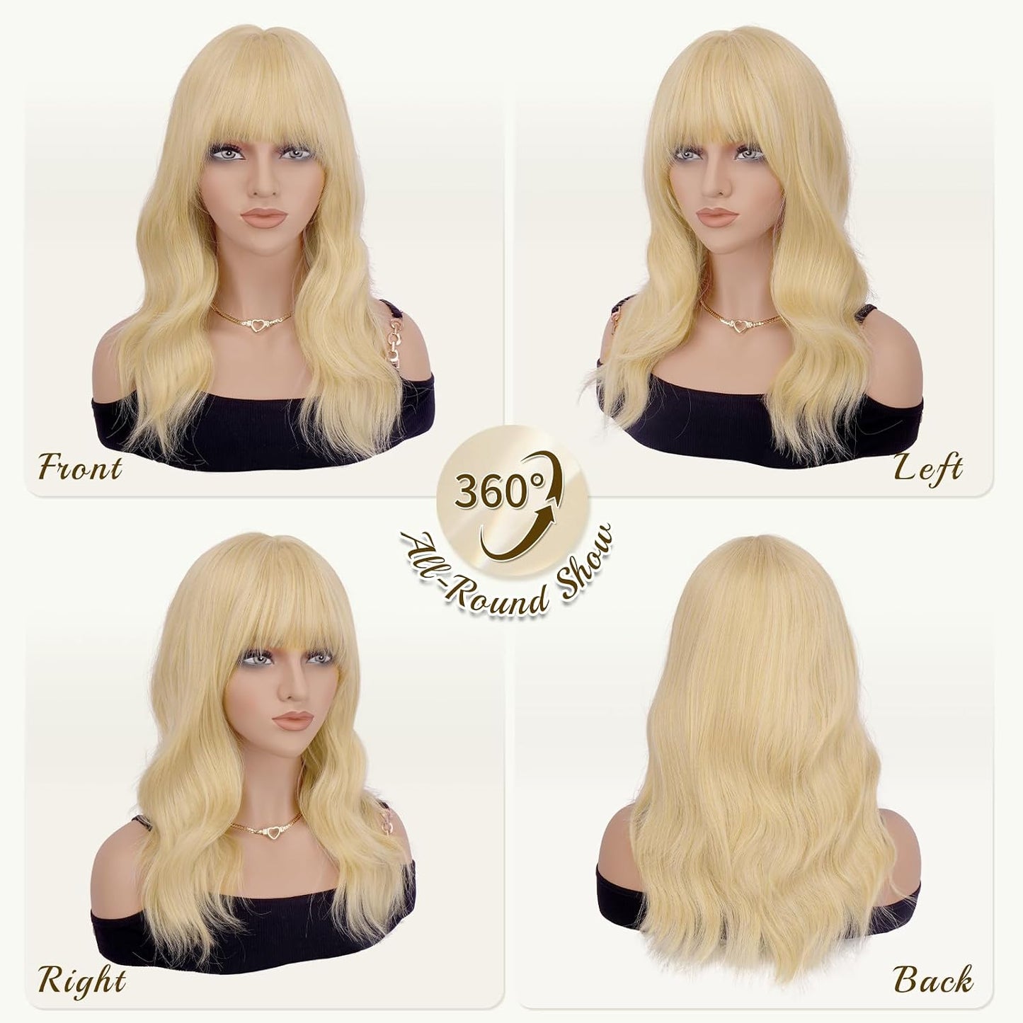 Blonde Wigs with Bangs - 19 Inch Natural Wavy Synthetic Hair | Heat Resistant Medium Length for Daily Wear