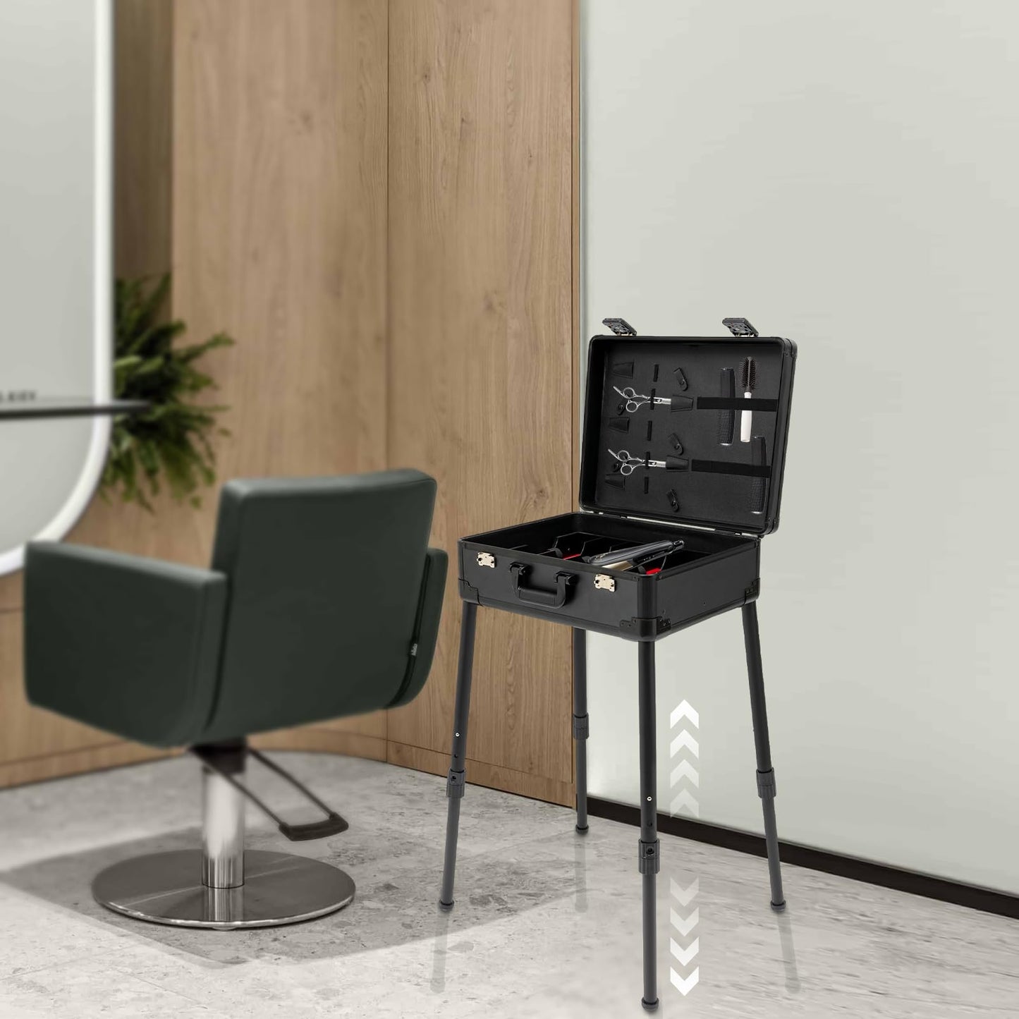 DUSNDULR Mobile Barber Station, 18.11-31.5in Adjustable Height Professional Barber Case Hair Stylist Toolbox with Support Legs & Lock for Barbershops
