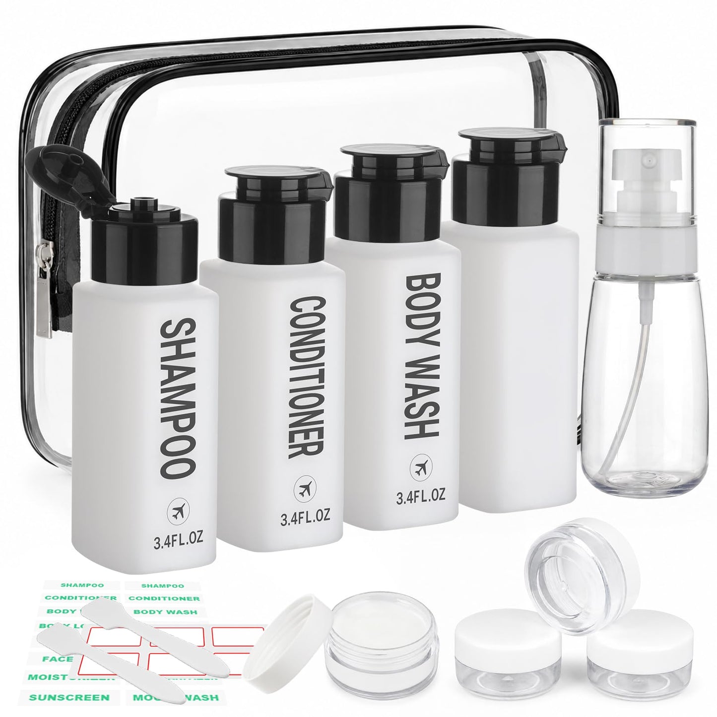 Decorniqu 14PCS 3.4oz Travel Bottles for Toiletries Pre-Printed Shampoo, Conditioner, Body Wash, Wide Mouth Containers TSA Approved 2oz Travel Spray Bottle Leak Proof Plastic Cream Jars(Black&White)