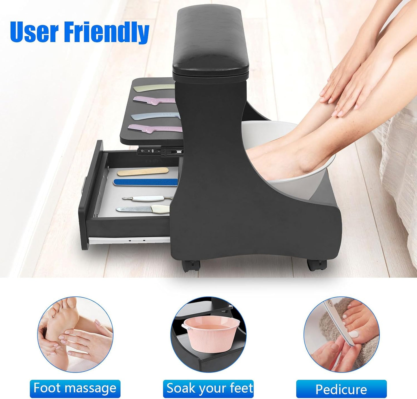 Portable Foot Rest Pedicure Trolley - 4 Wheels with Brakes | Spa Cart with Drawer for Salons & Home (Black)