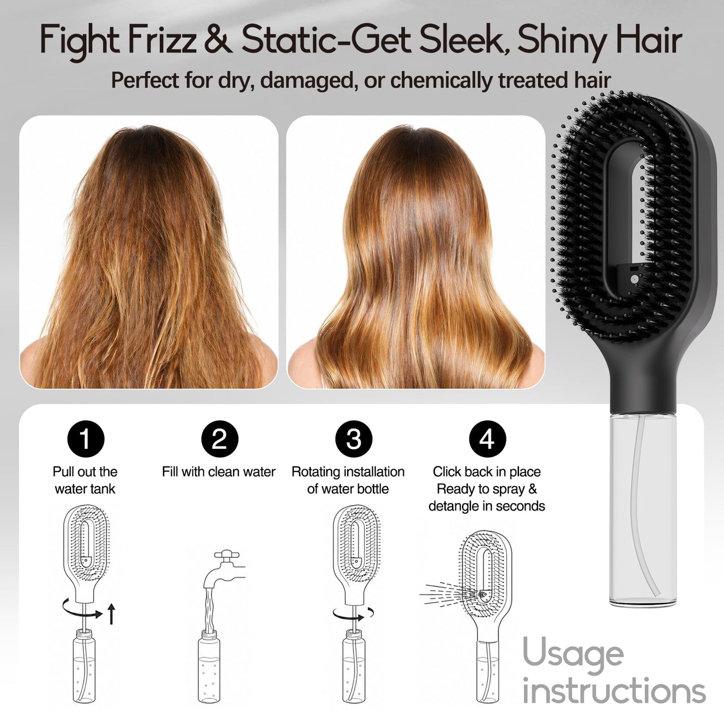 Misting Detangling Brush with Fine Continuous Spray, Anti-Static Mist Comb for Wet & Dry Hair, Frizz & Flyaway Control for Straight, Curly & Thick Hair, Black